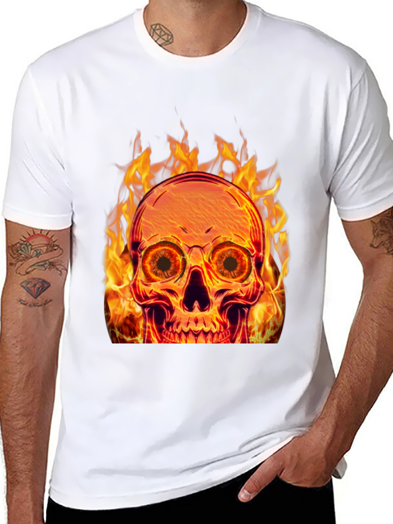 Black Flaming Skull Graphic Tee - Black Cotton Blend view 8