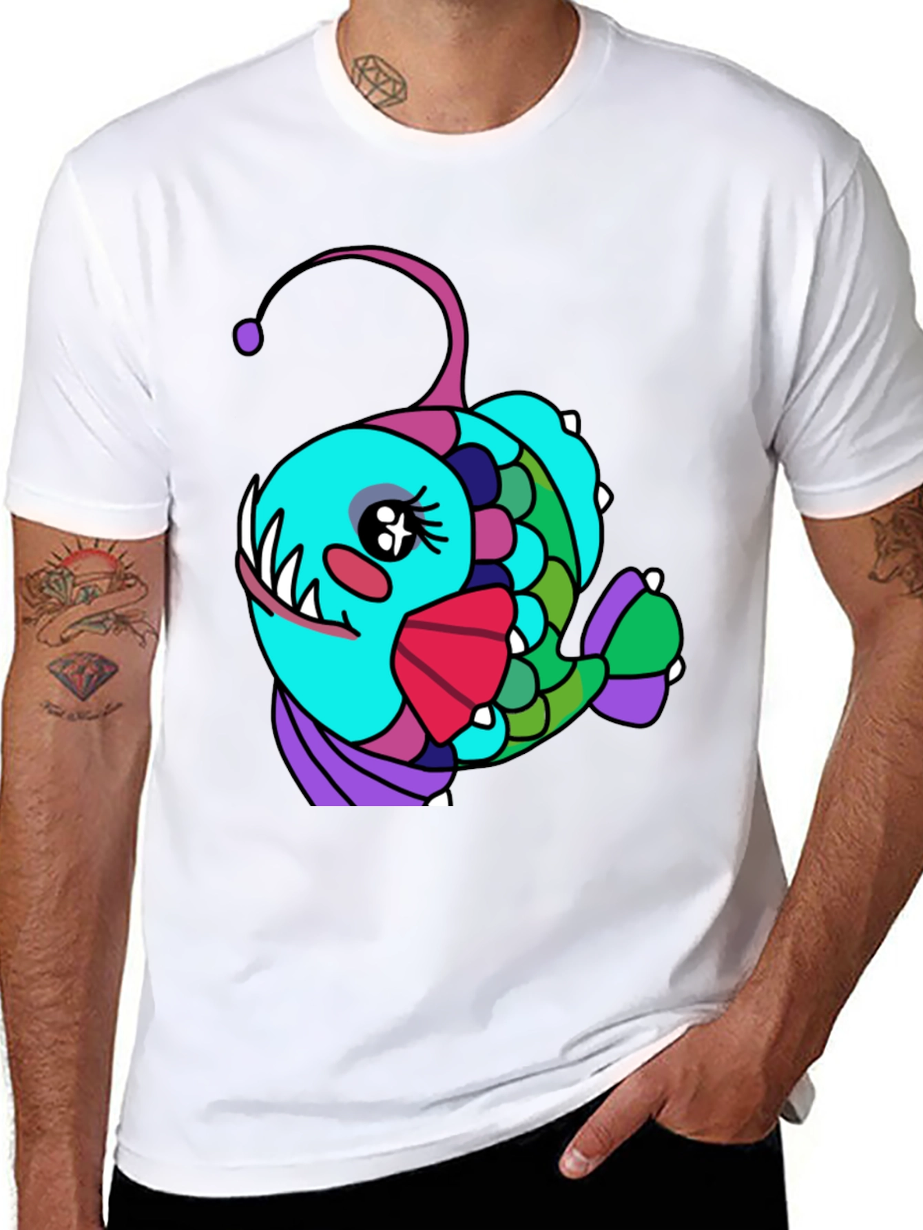 Black Anglerfish Cartoon T-Shirt - Unique Graphic Tee view 8
