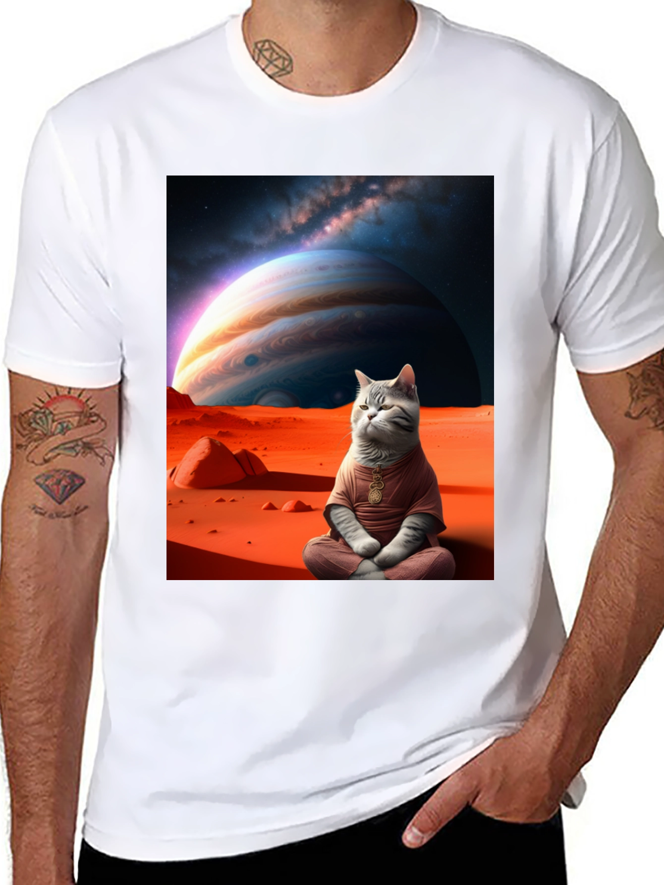 Black Zen Cat in Space Graphic Tee view 8