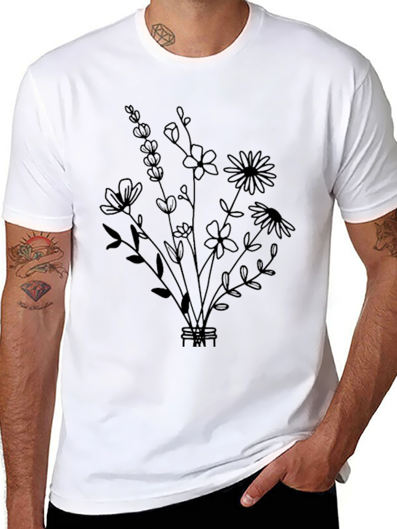 Black Floral Bouquet Graphic Tee - Stylish Black T-Shirt view 8