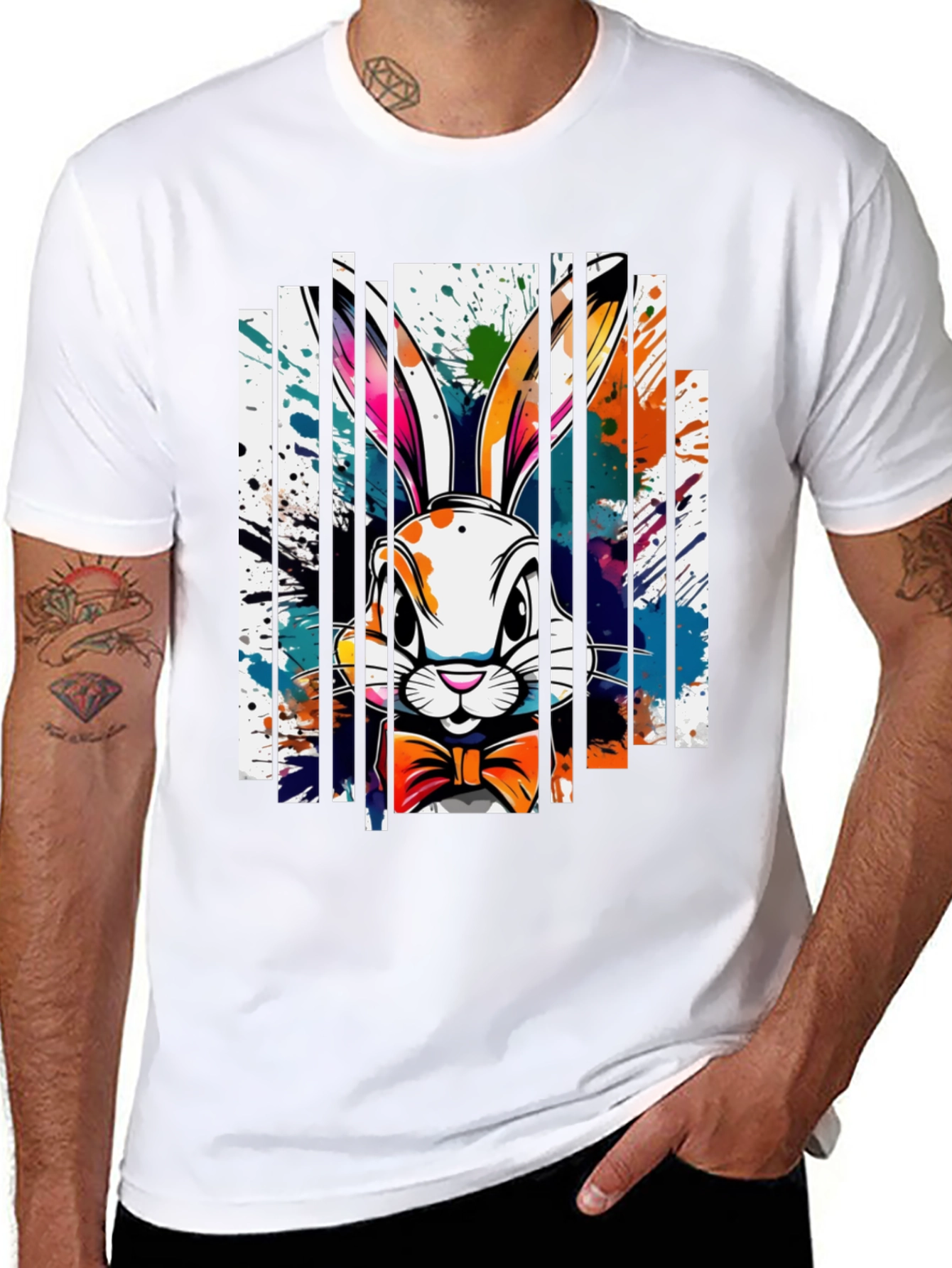Black Stylish Rabbit Graphic Tee - Unique Colorful Design view 8