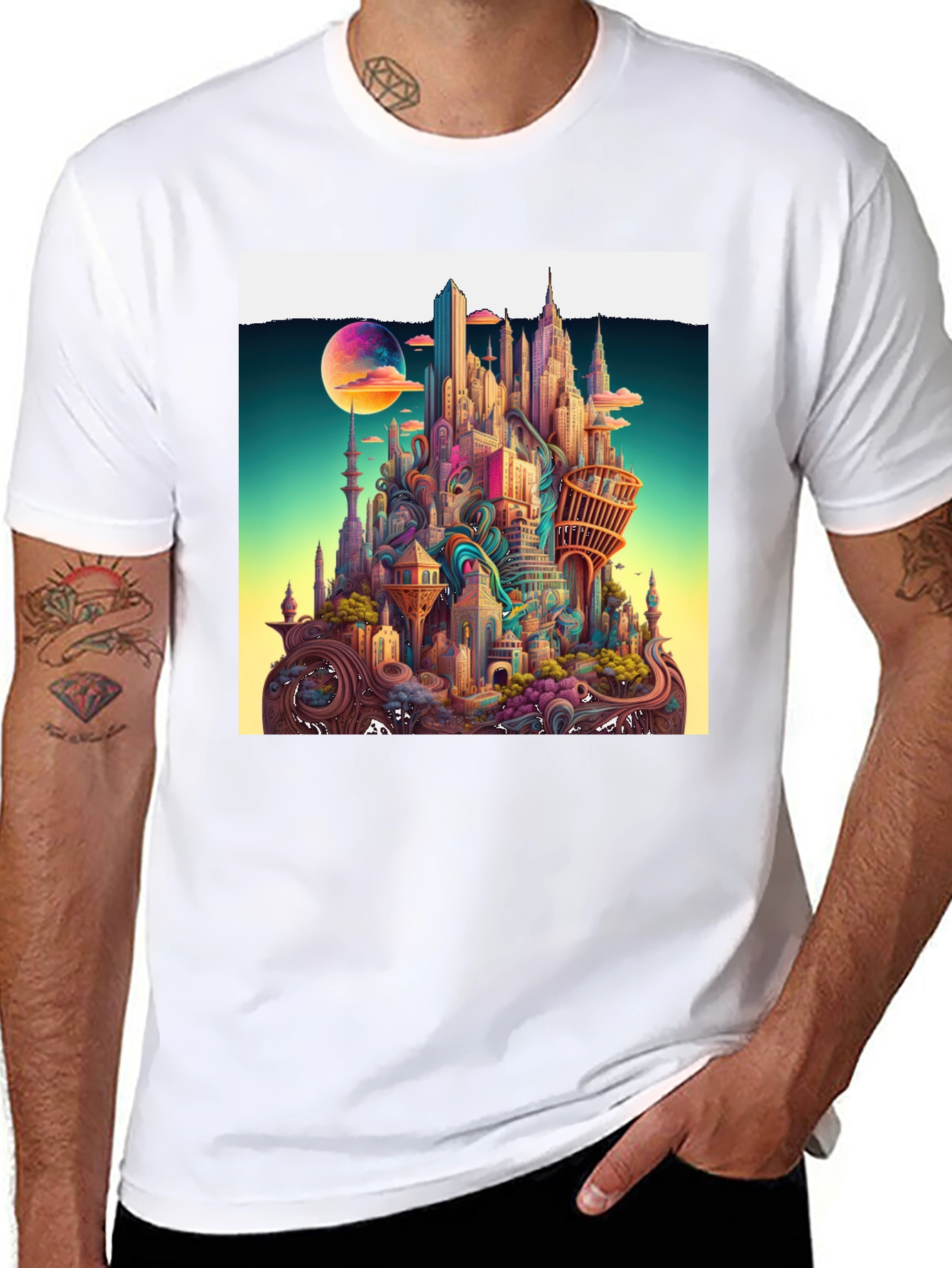 Black Whimsical Cityscape Graphic Tee - Unique Urban Fantasy Design view 8