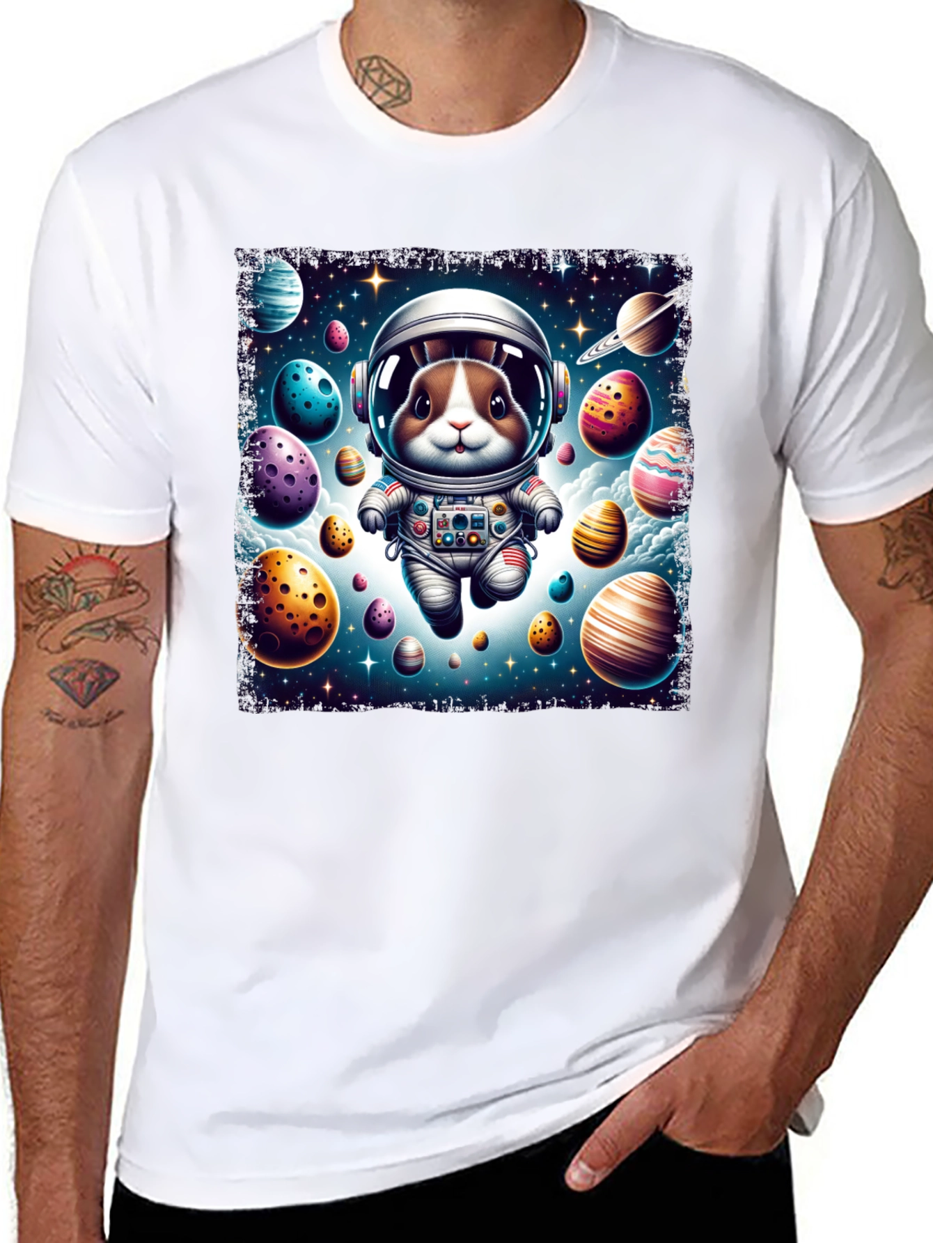 Black Space Bunny Easter Egg Universe Graphic Tee view 8