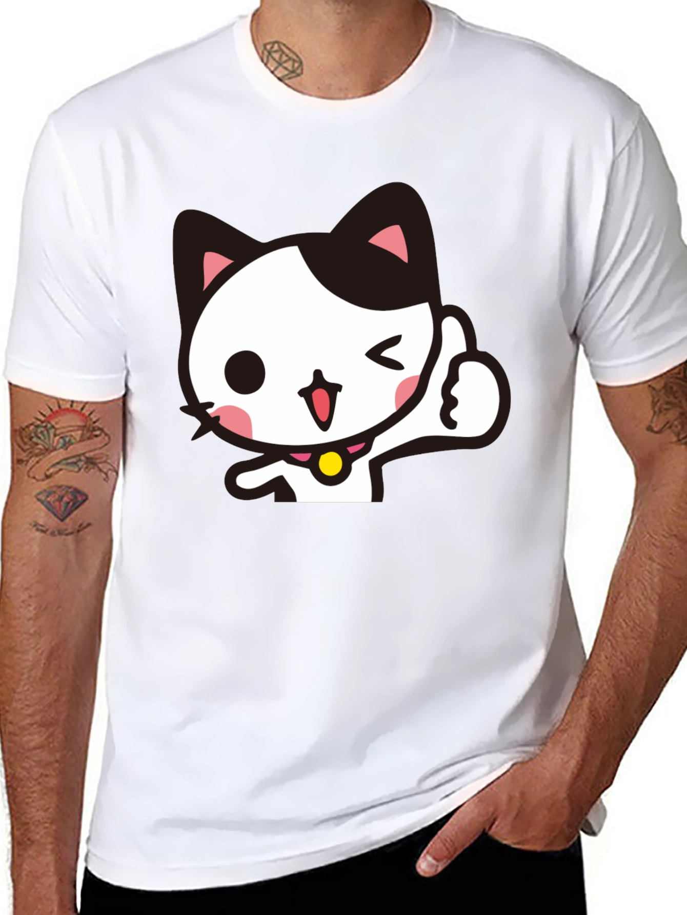 Black Cool Black T-Shirt with Cute Winking Cat Graphic view 8