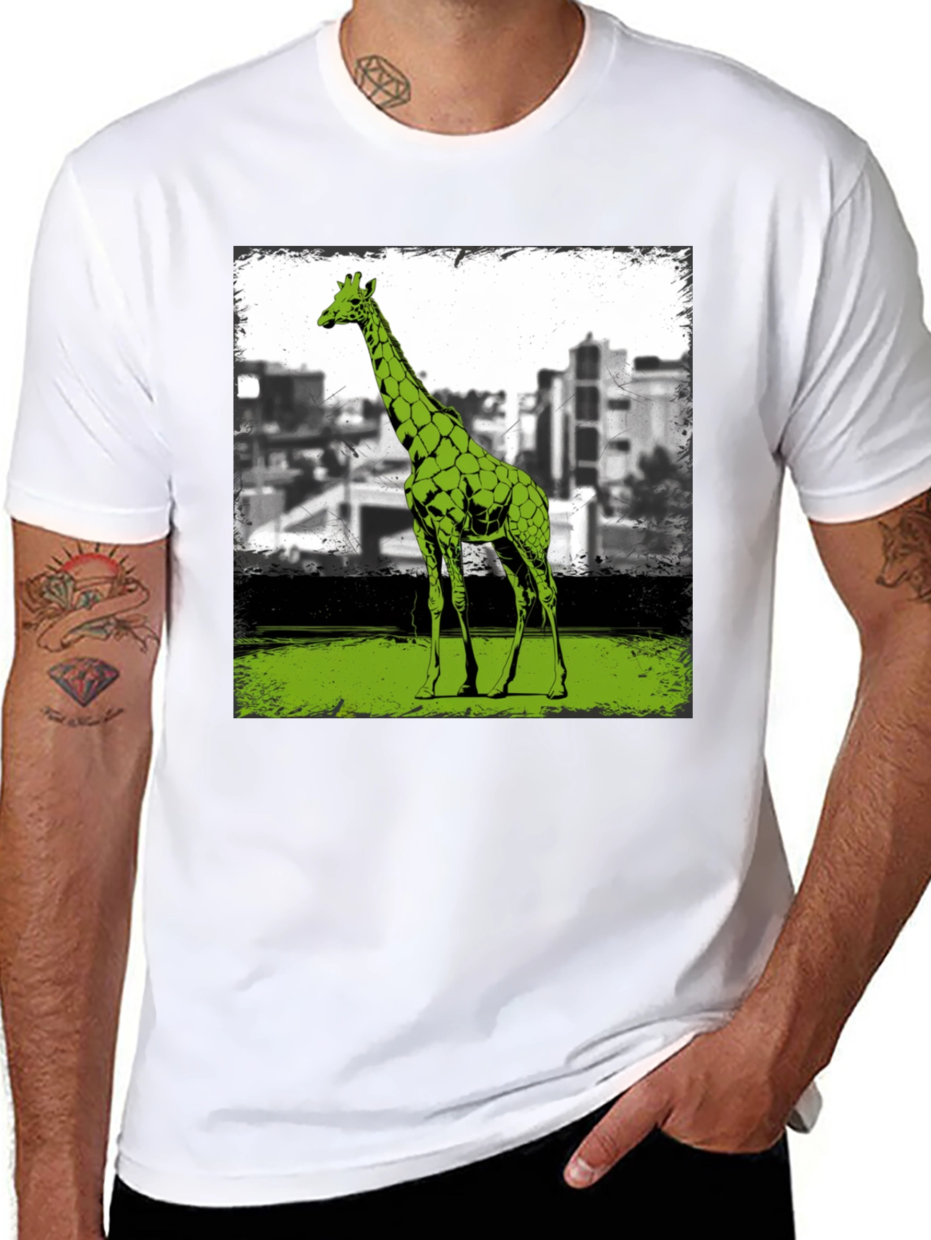 Black Giraffe Cityscape Graphic Tee - Cool Animal Print Shirt view 8