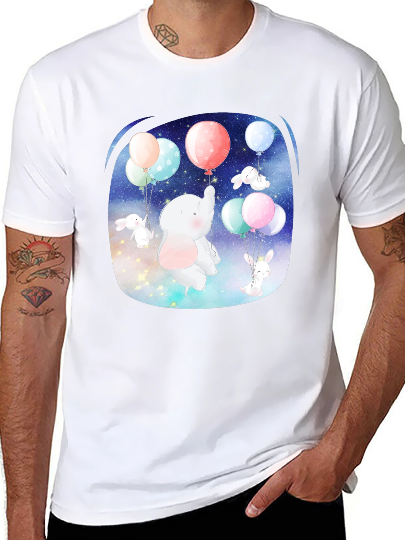 Cute Elephant & Bunny Balloon Ride Graphic Tee - 8