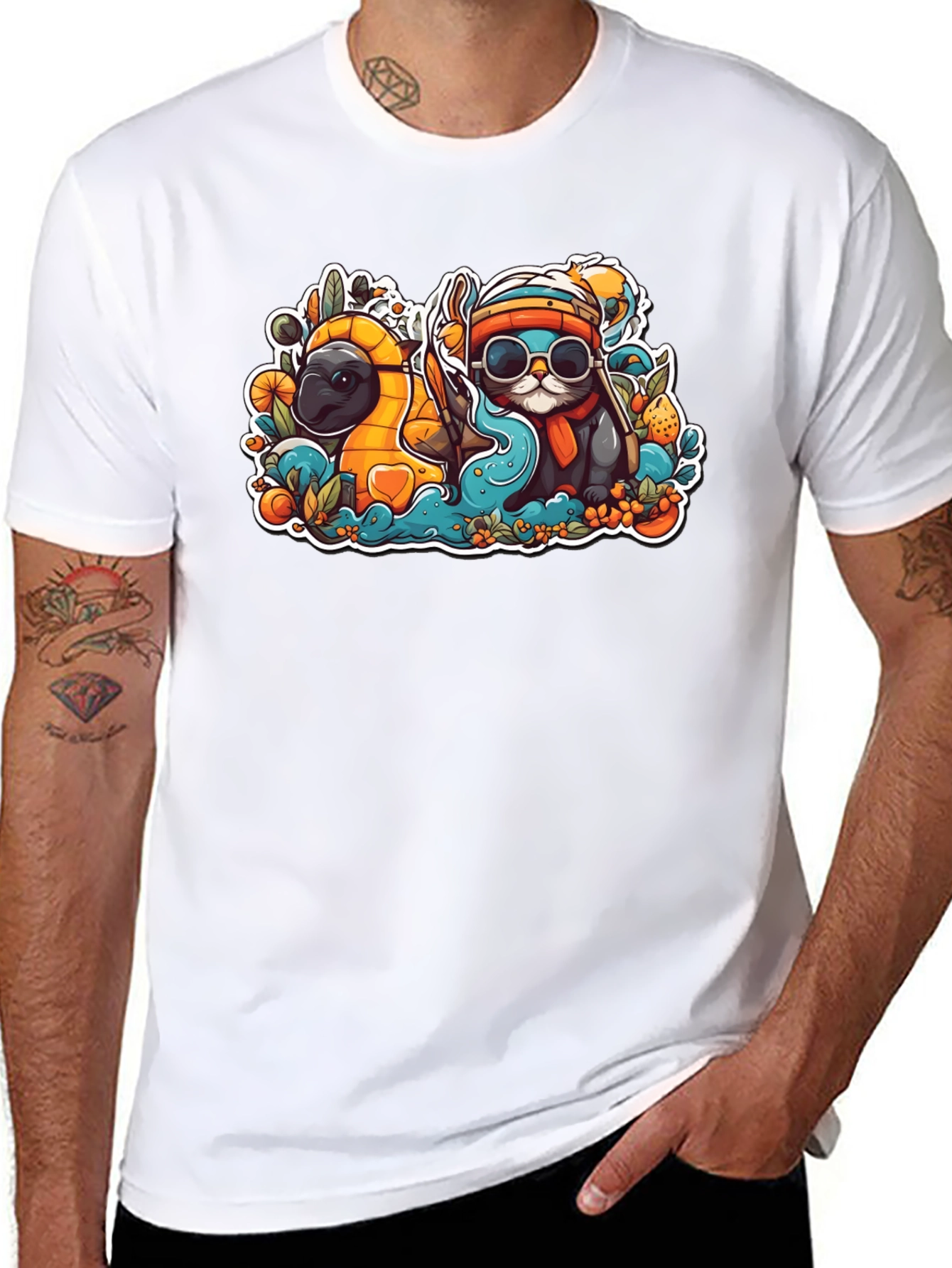 Black Cool Cartoon Otter and Platypus Black T-Shirt view 8