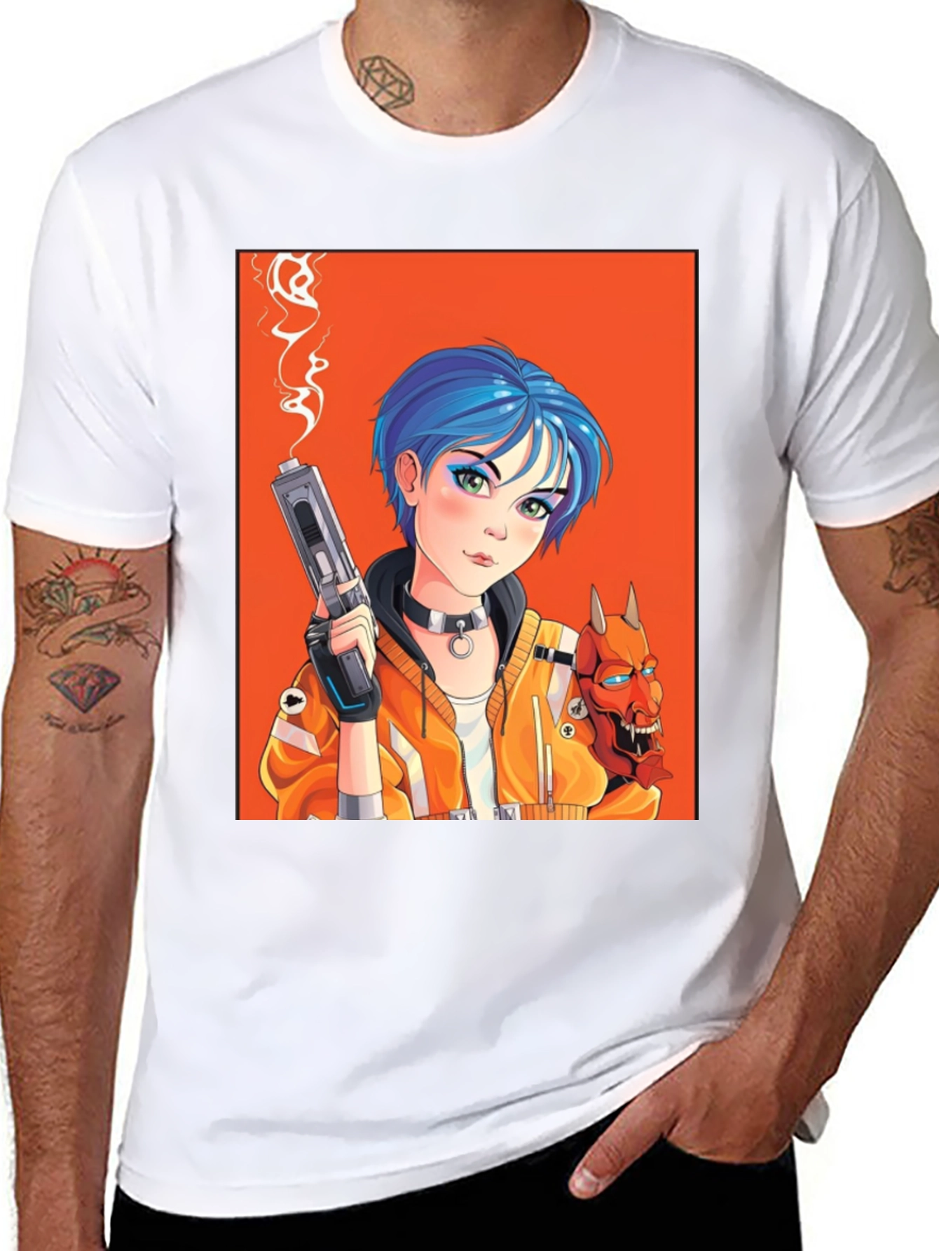 Black Anime Girl with Gun Black T-Shirt view 8