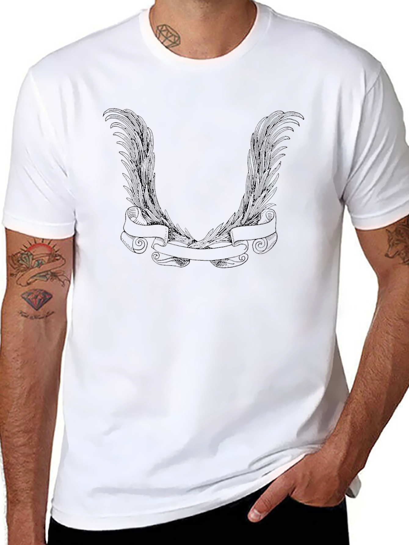 Black Men's Black Graphic Tee - Wings & Banner Design view 8