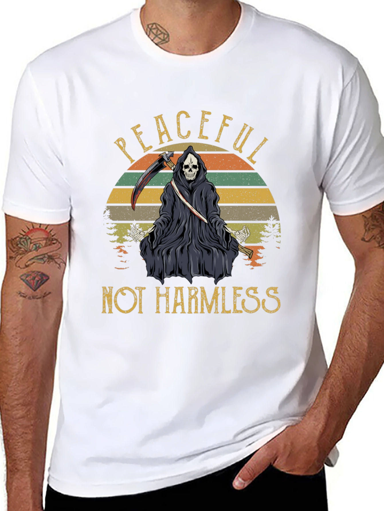 Black Peaceful Not Harmless Grim Reaper Graphic T-Shirt view 8