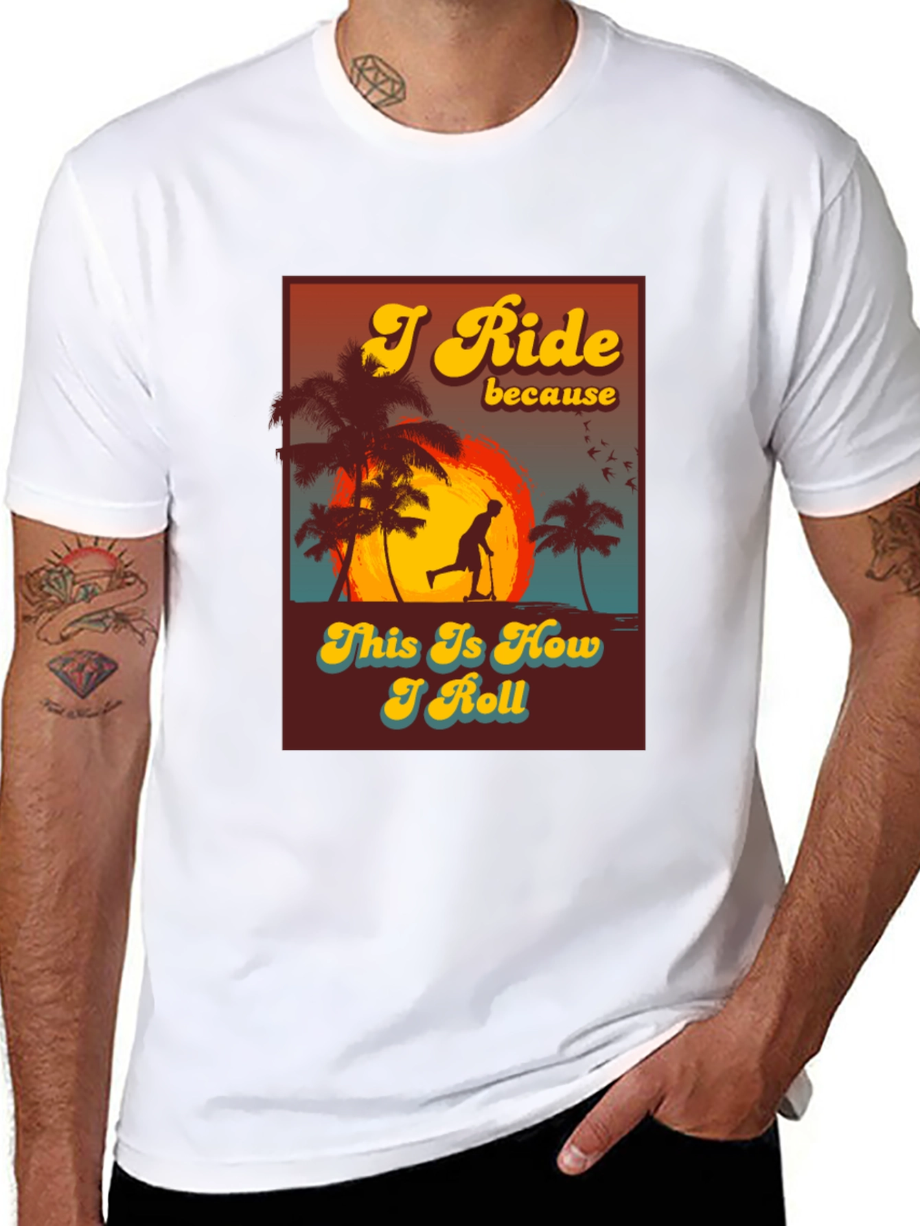 Black I Ride Scooter Tee - Retro Sunset Design view 8