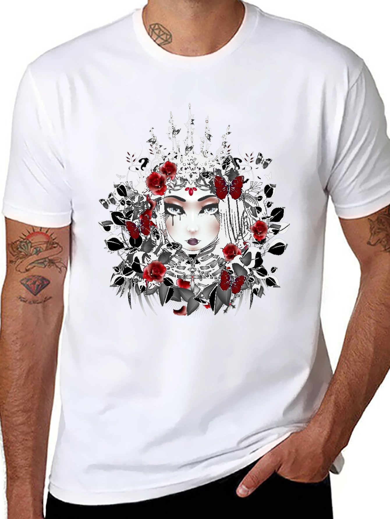 Black Gothic Queen T-Shirt - Floral Crown Design view 8
