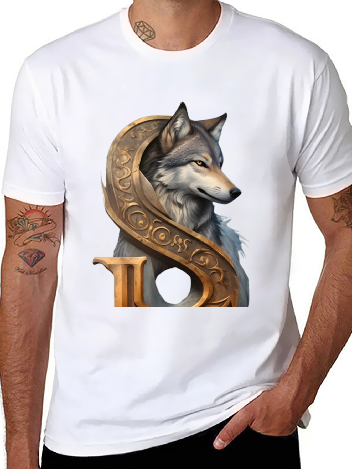 Black Wolf and Ornamental Letter T-Shirt view 8