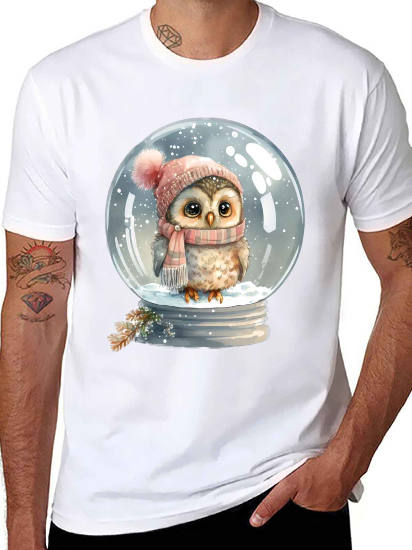 Winter Owl in Snow Globe Black T-Shirt - 8