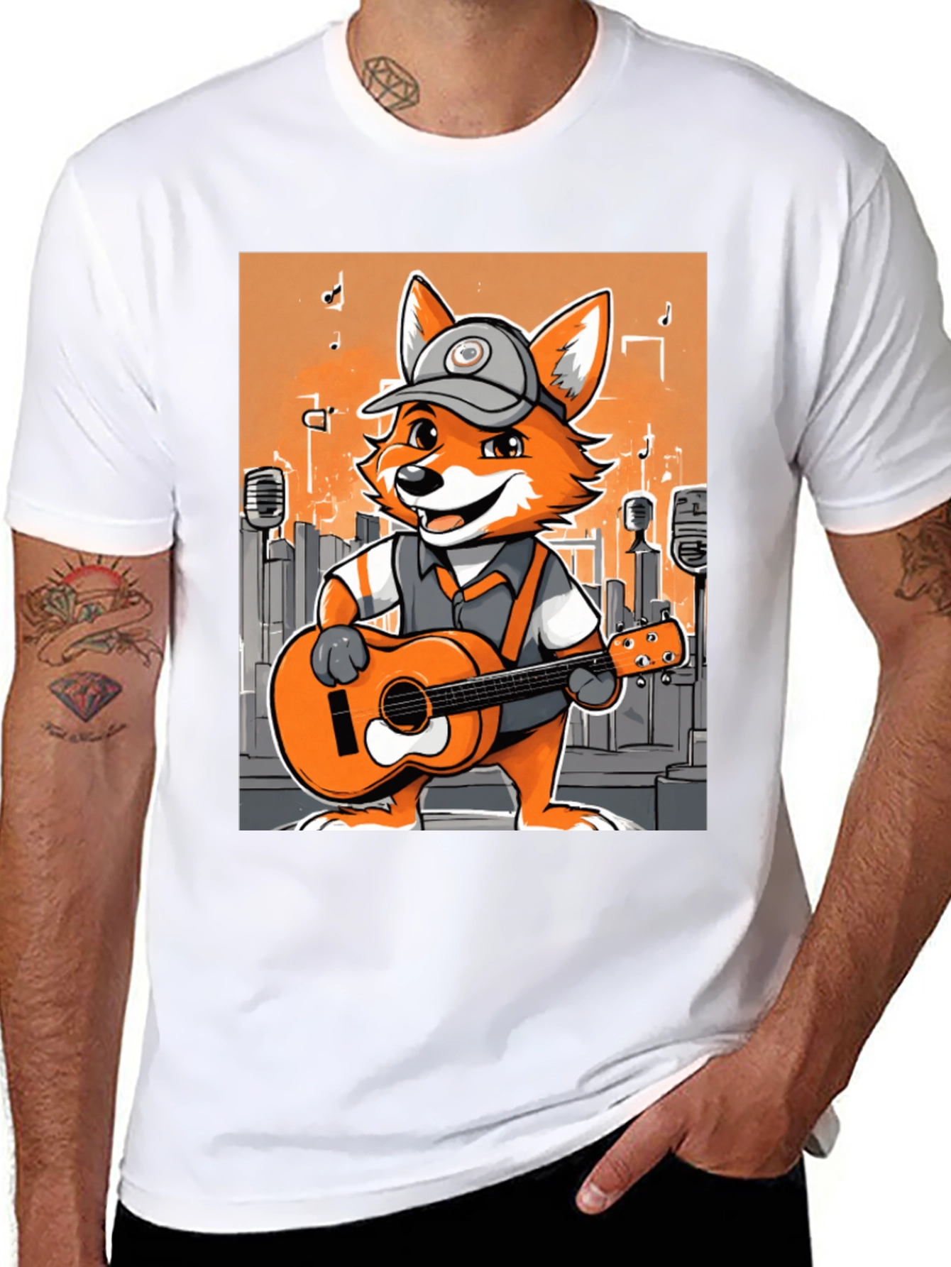 Black Cartoon Fox Musician Graphic Tee view 8