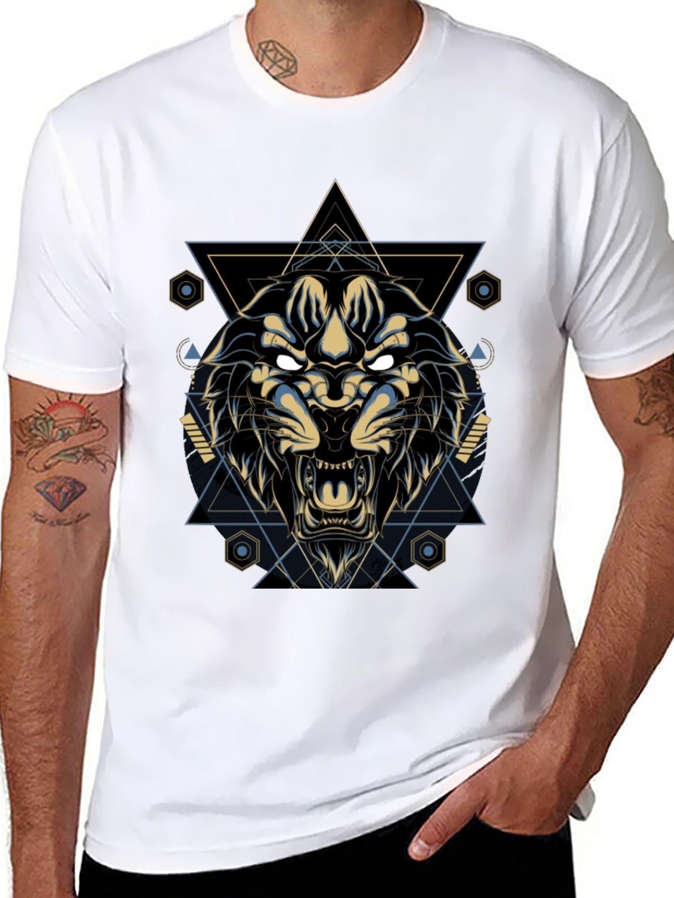Black Geometric Lion Graphic Tee - Cool & Stylish view 8