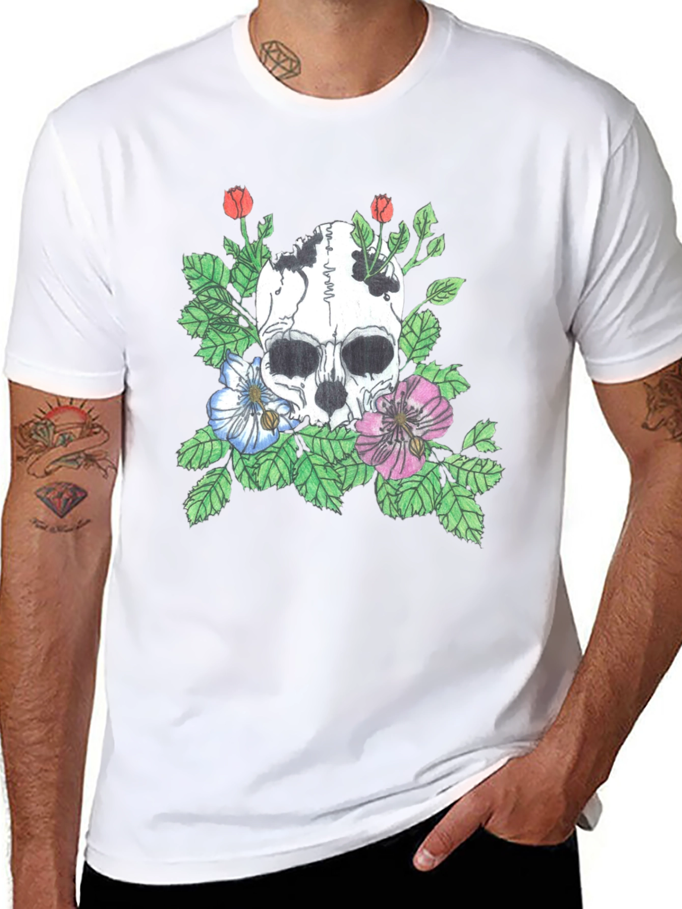 Black Skull Floral Graphic Tee - Stylish Black T-Shirt view 8