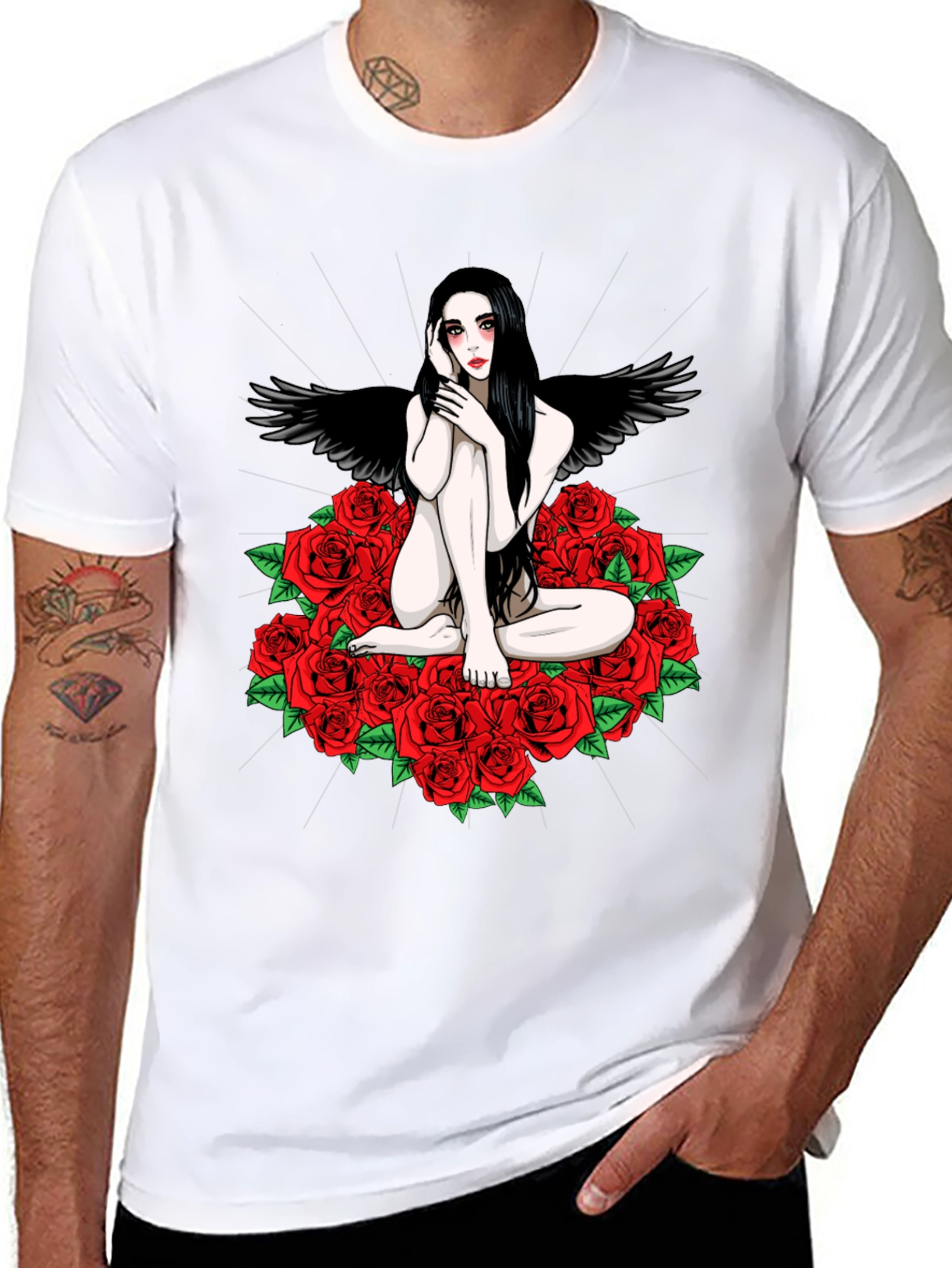 Black Gothic Angel Rose T-Shirt - Dark Fantasy Tee view 8