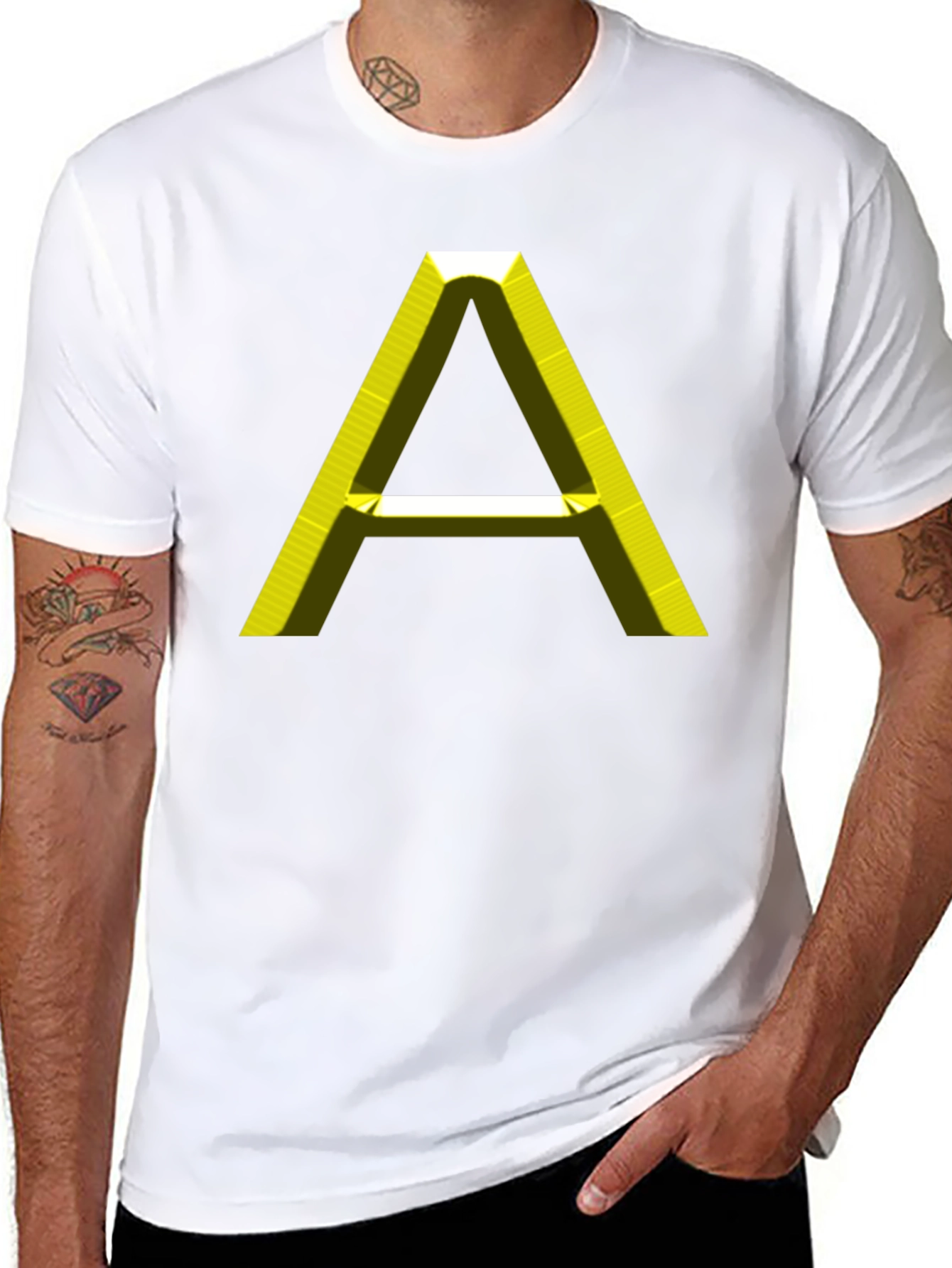 Black Men's Black T-Shirt with 3D Yellow "A" Graphic view 8