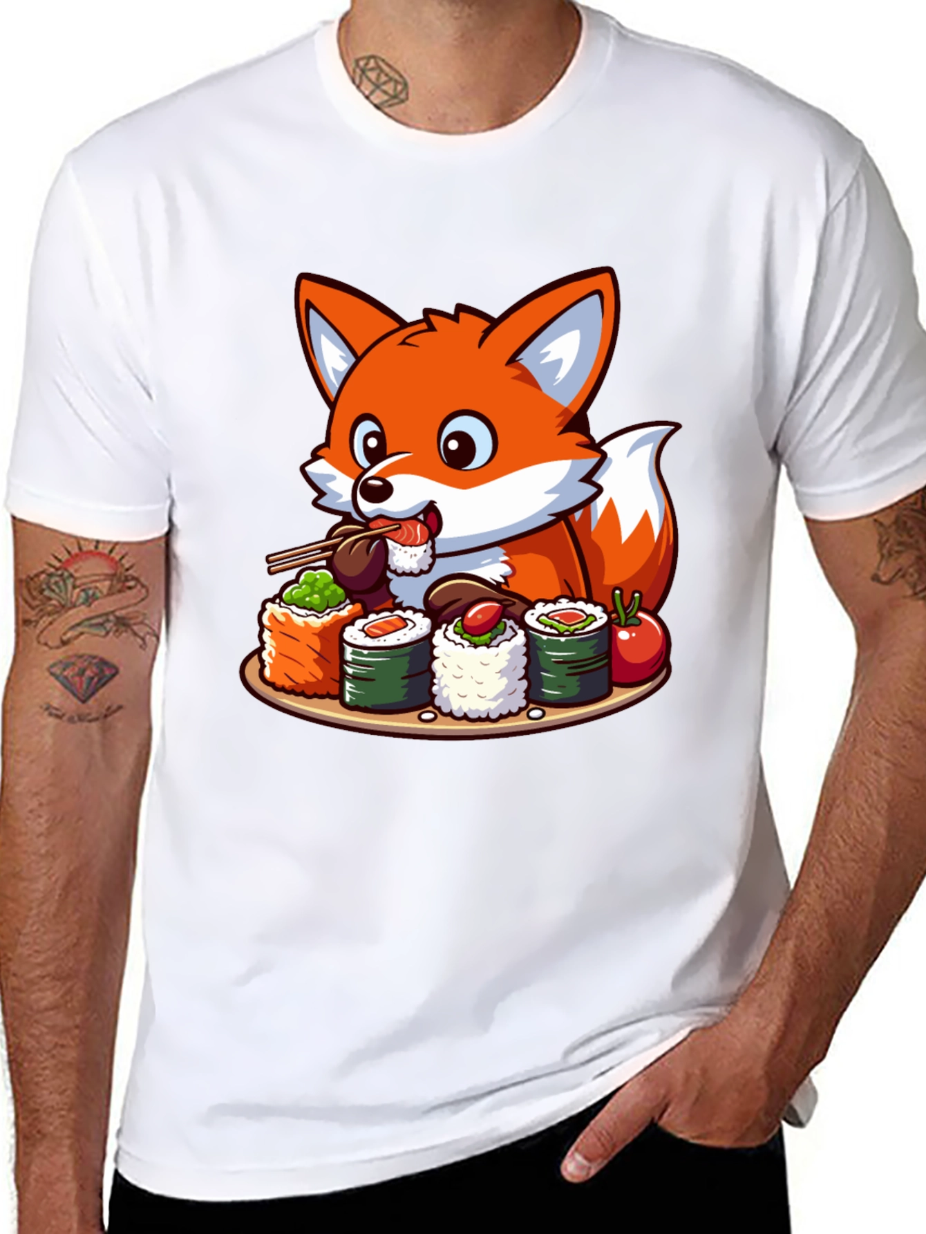 Black Fox Loves Sushi Graphic T-Shirt - Unisex Casual Tee view 8
