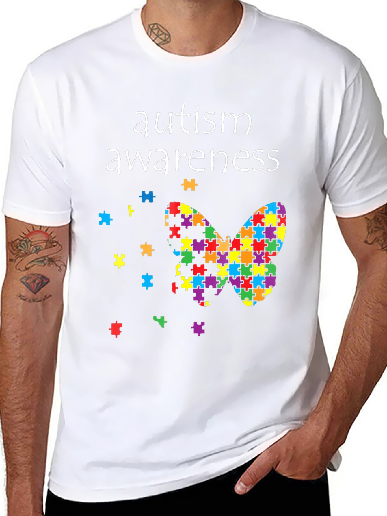 Black Autism Awareness Butterfly Puzzle Piece T-Shirt view 8