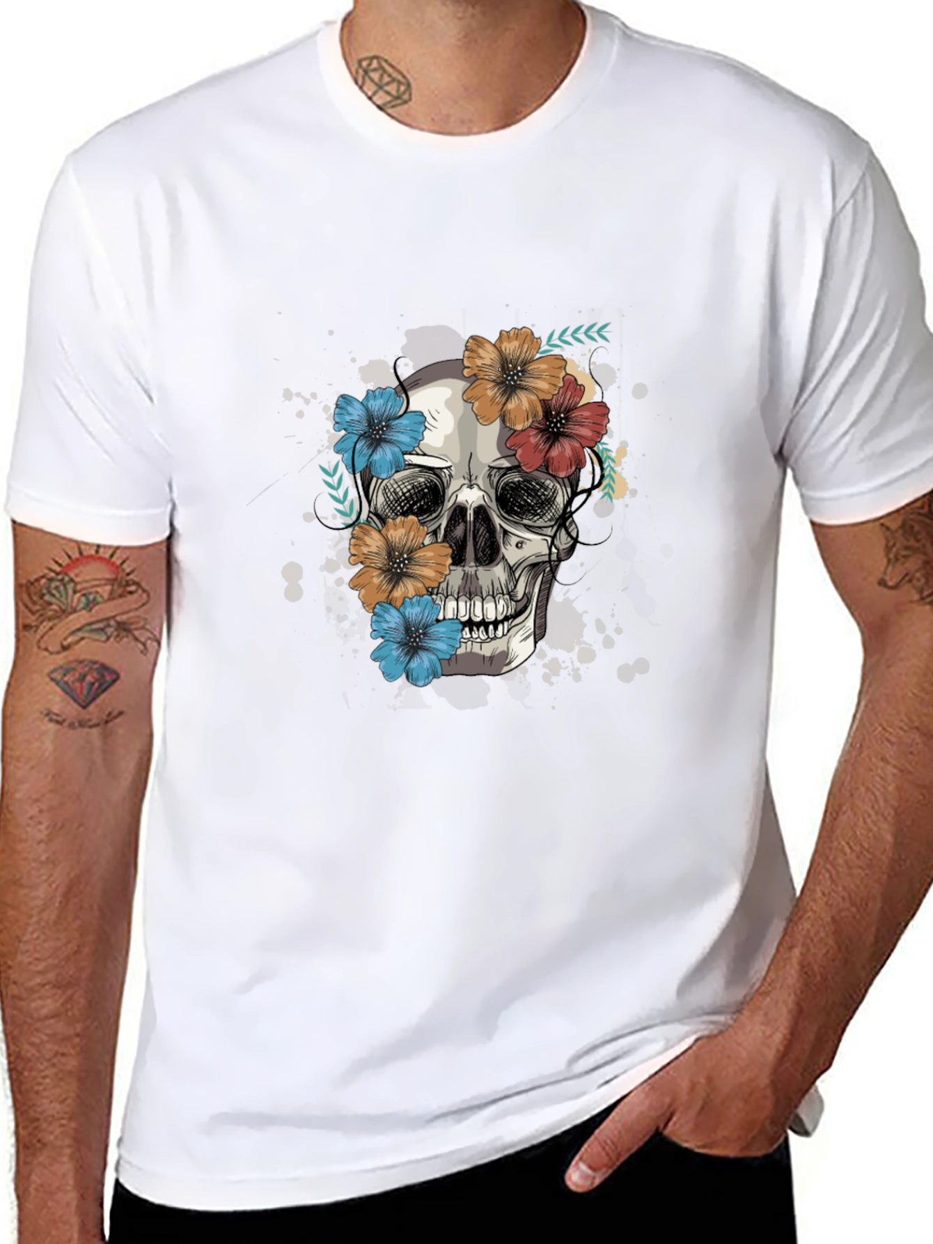 Black Skull & Floral Graphic Tee view 8
