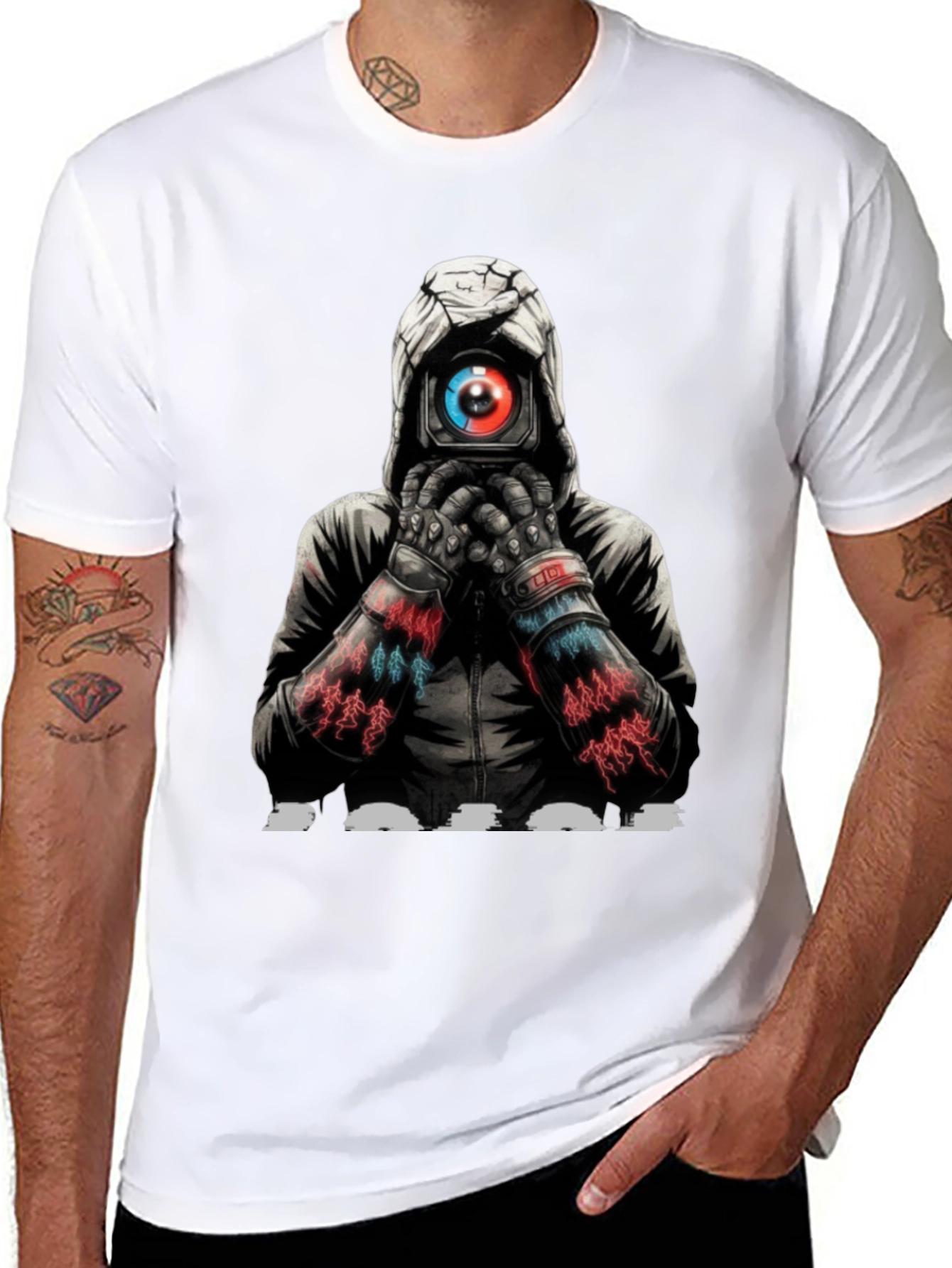 Black Cyberpunk Camera Eye Graphic Black T-Shirt view 8