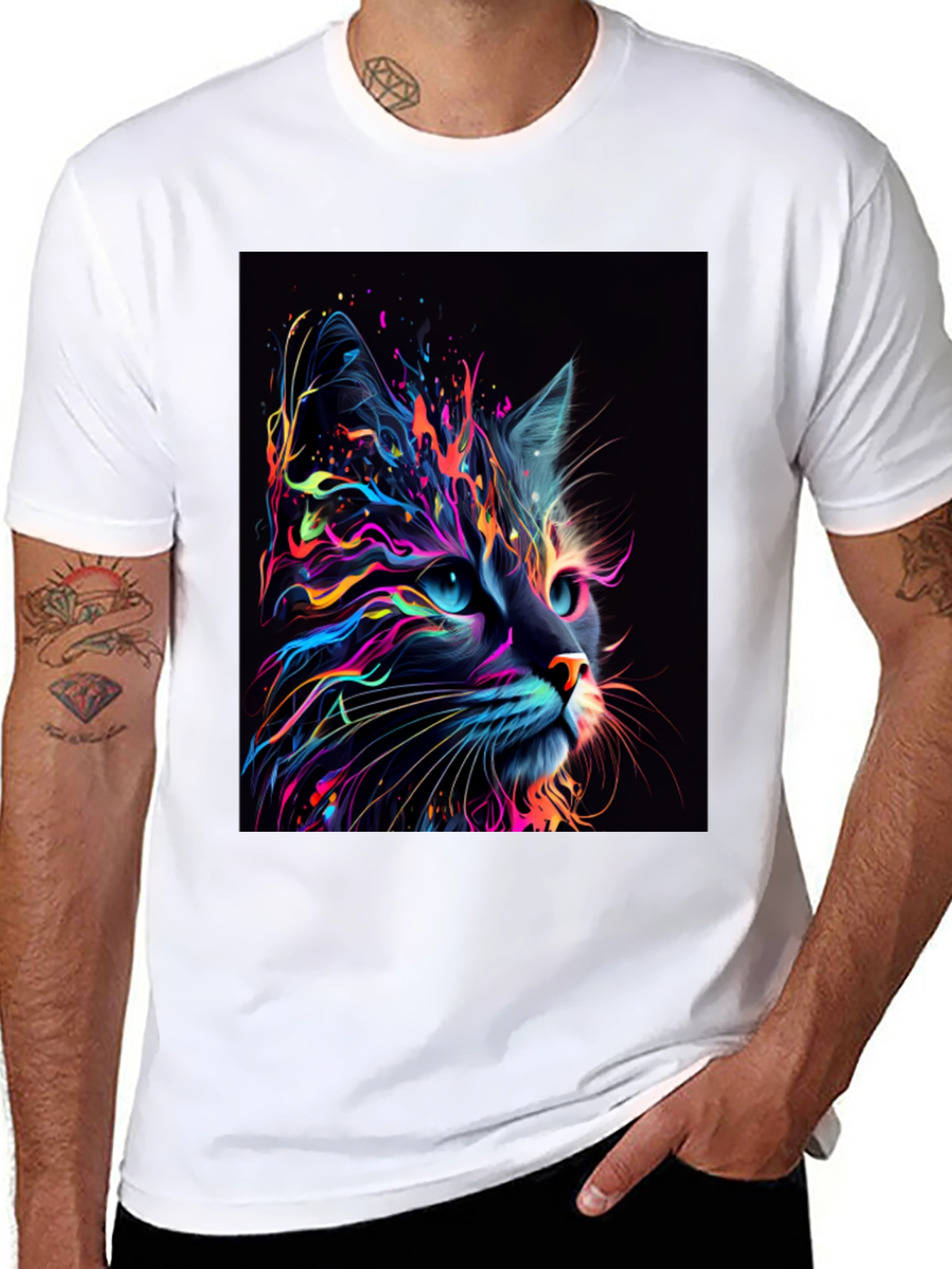Black Neon Cat Graphic T-Shirt - Unique Design view 8