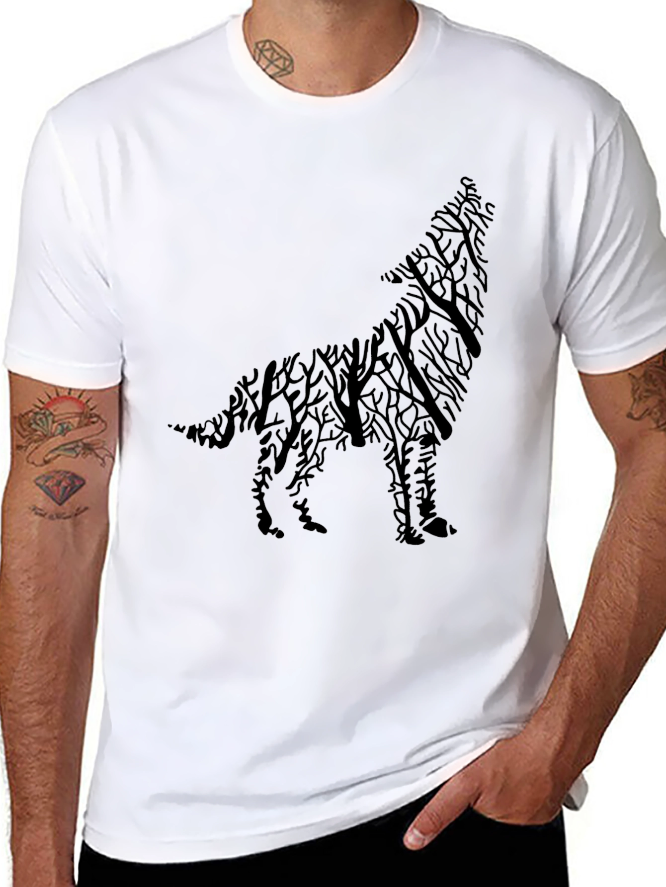 Black Wolf Silhouette Tree Branch Graphic Tee - Black view 8