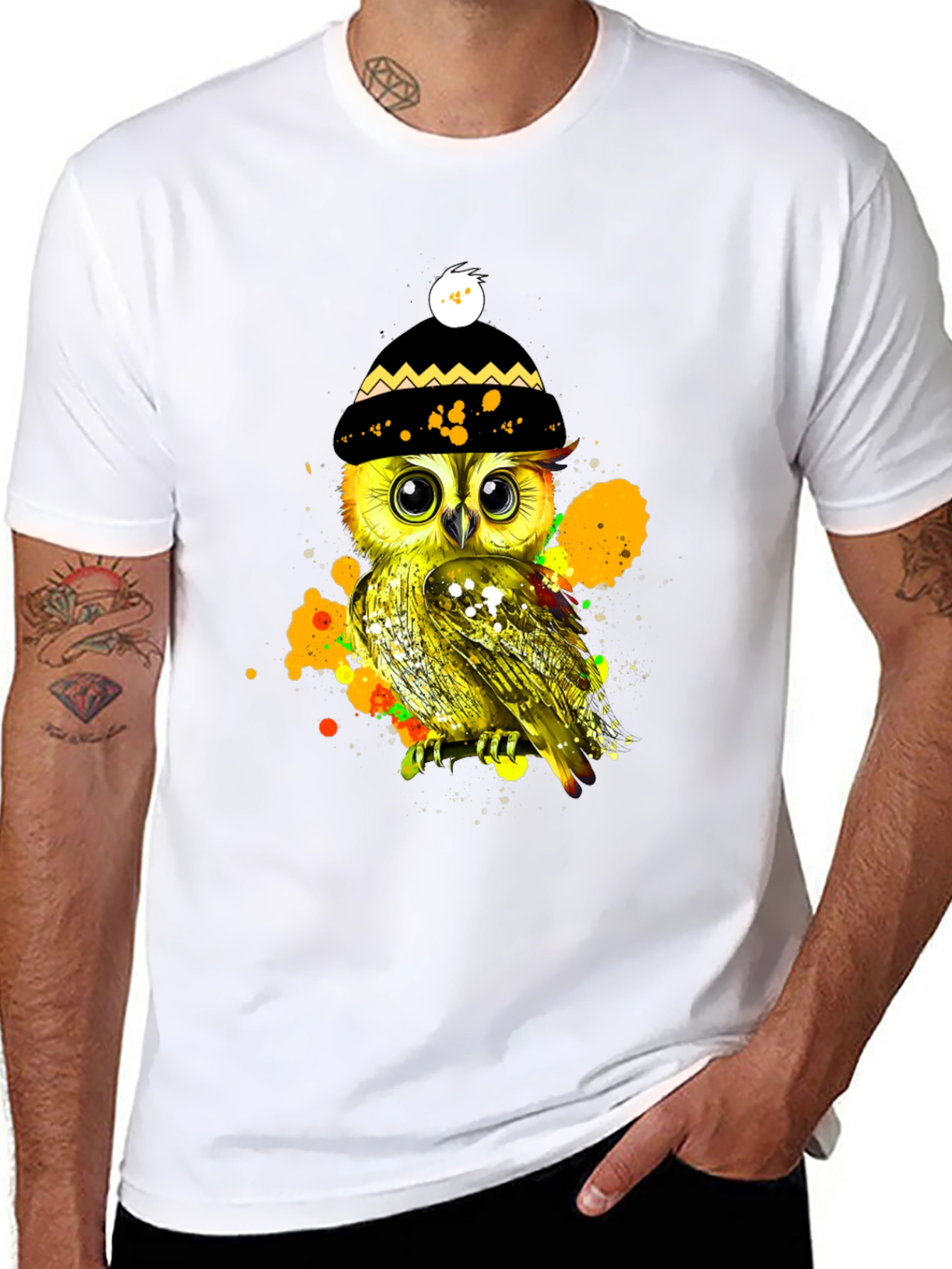 Black Stylish Owl Graphic Tee - Unique & Trendy view 8