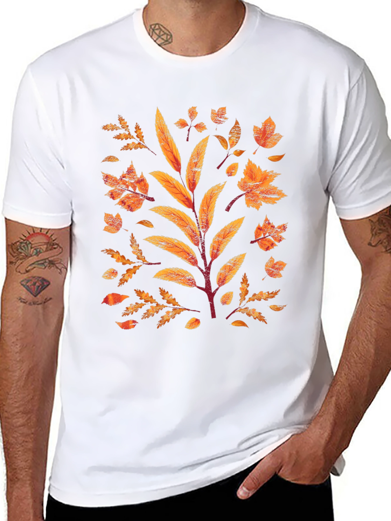 Black Autumn Leaves Graphic Print Black T-Shirt view 8