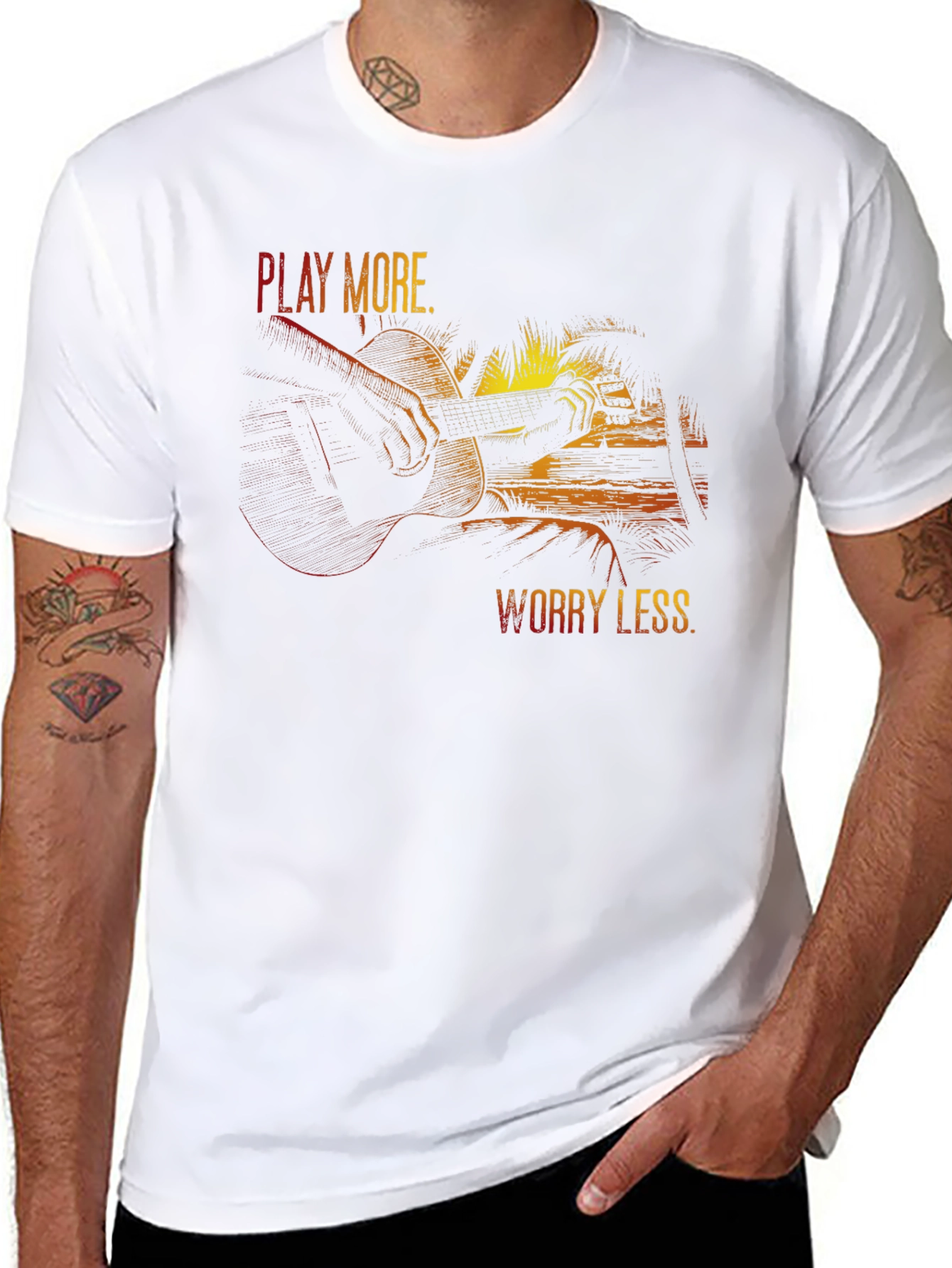 Black Play More Worry Less T-Shirt - Guitar & Beach Design view 8