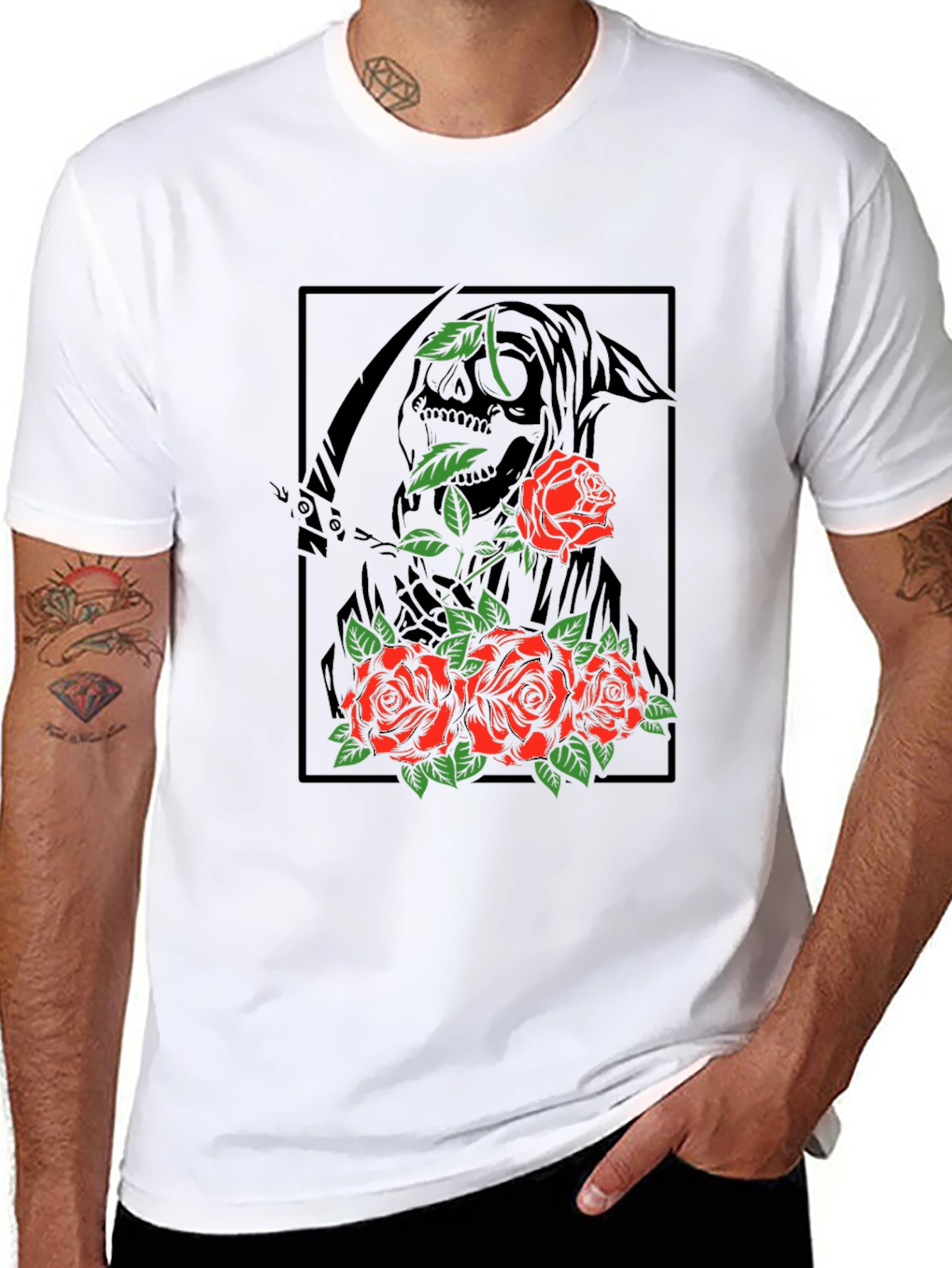 Black Grim Reaper Roses Graphic Print T-Shirt view 8