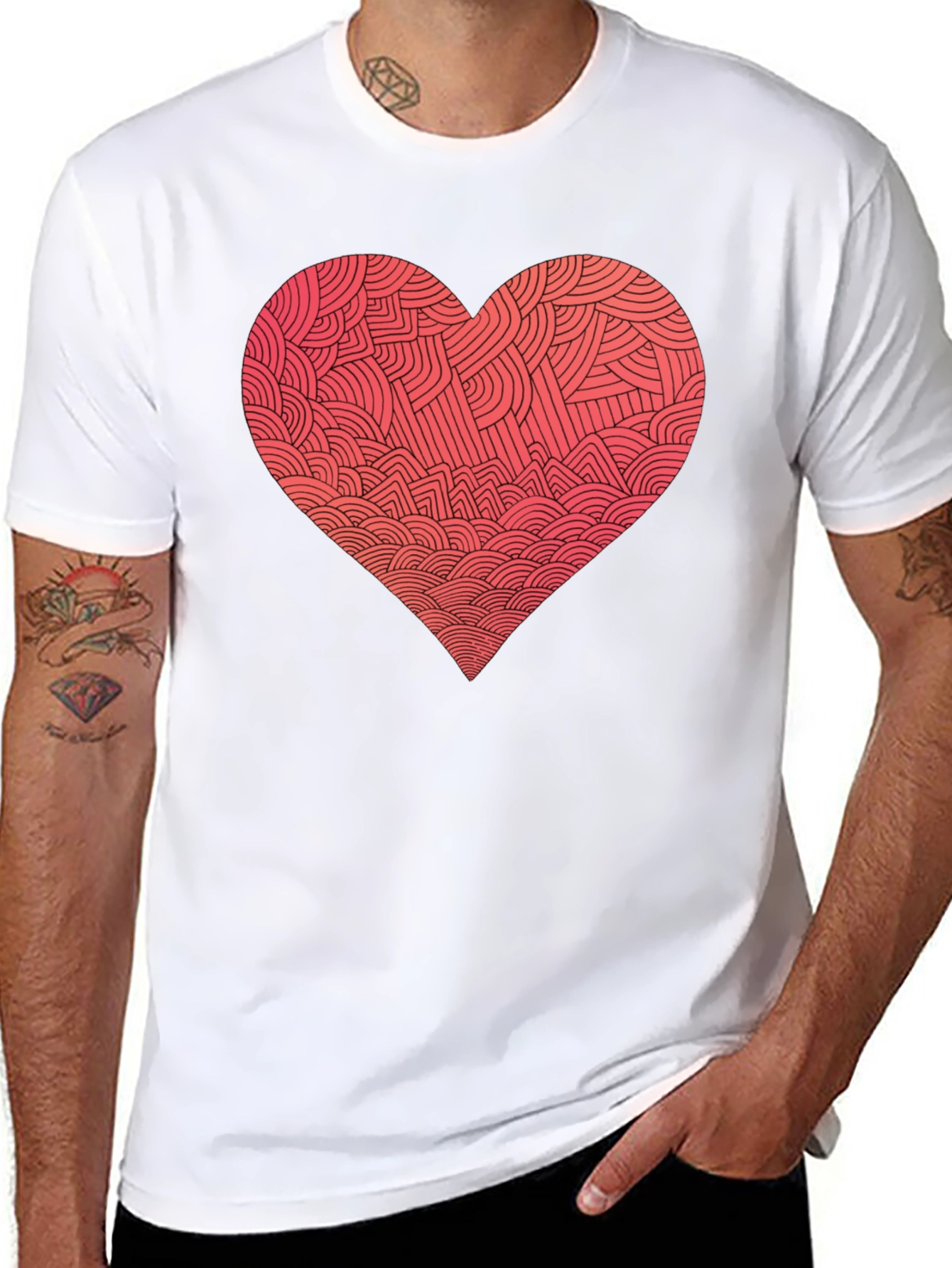 Black Heart Pattern Graphic Tee - Men's Black T-Shirt view 8