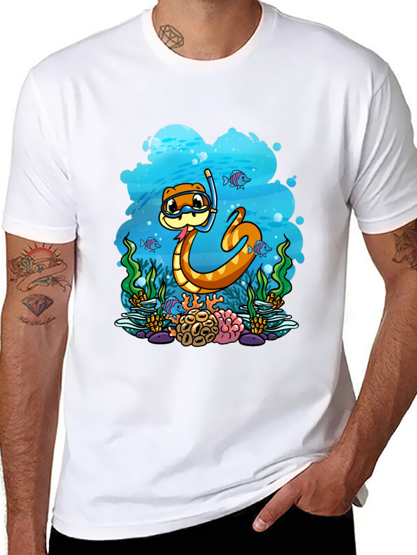 Black Cartoon Snorkeling Snake Graphic Tee view 8