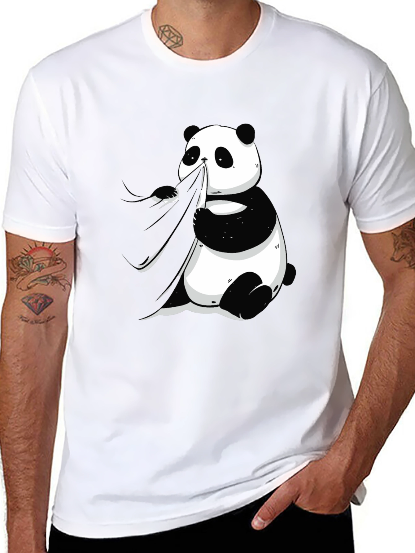 Black Panda Eating Bamboo Graphic Tee - Men's Black T-Shirt view 8