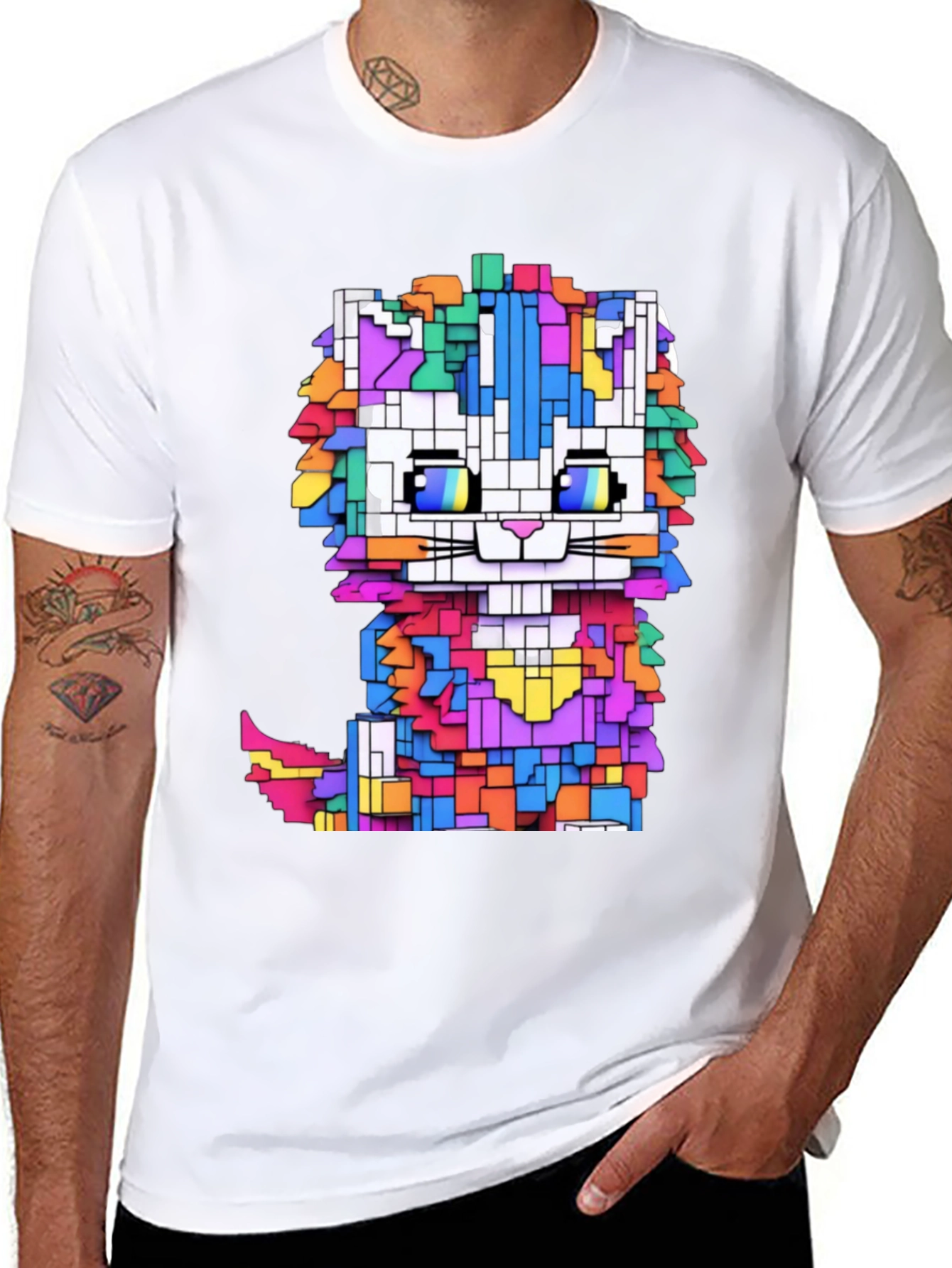 Black Pixel Cat T-Shirt - Funky Geometric Design view 8