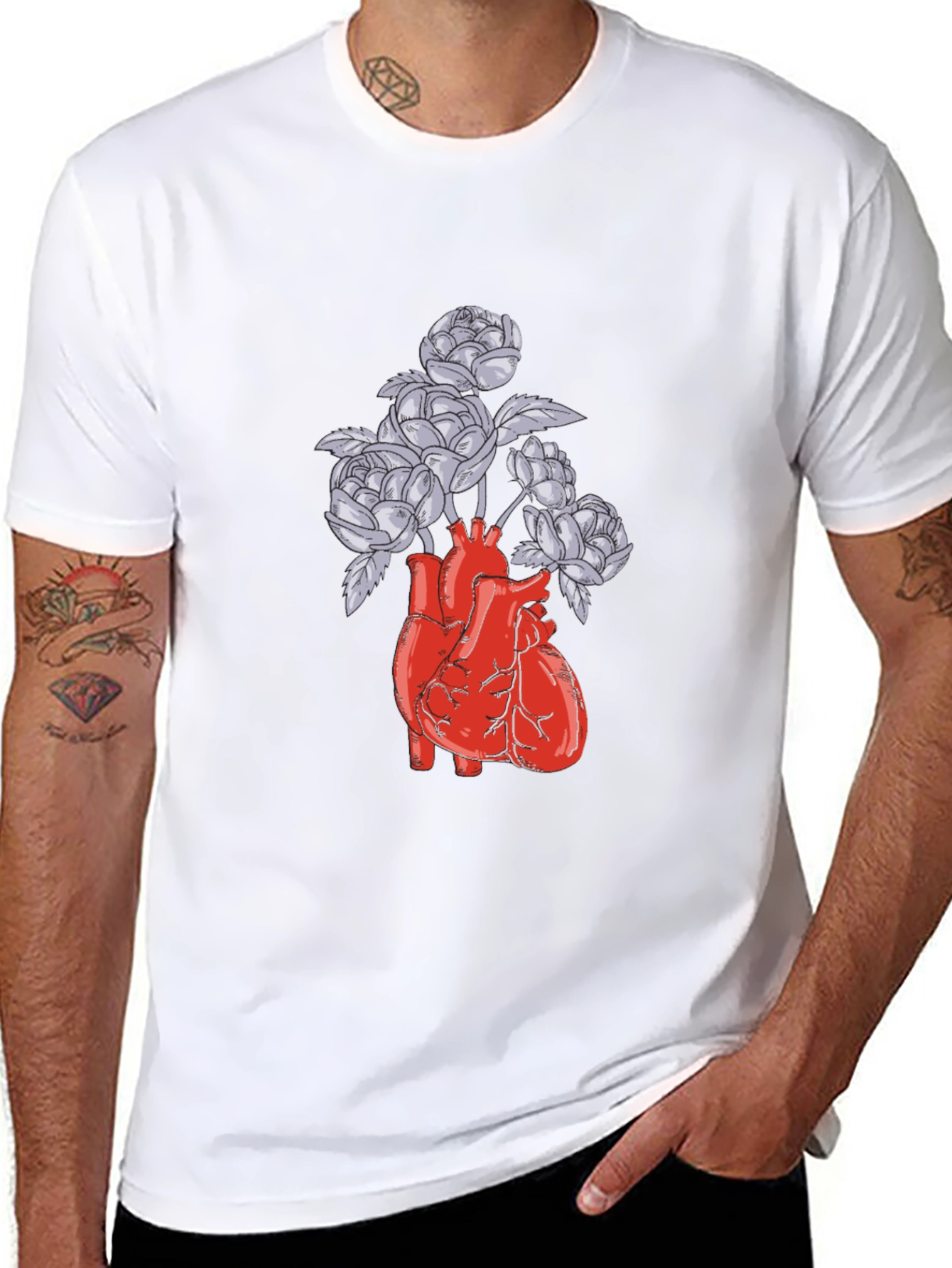 Black Anatomical Heart and Flowers Graphic T-Shirt view 8