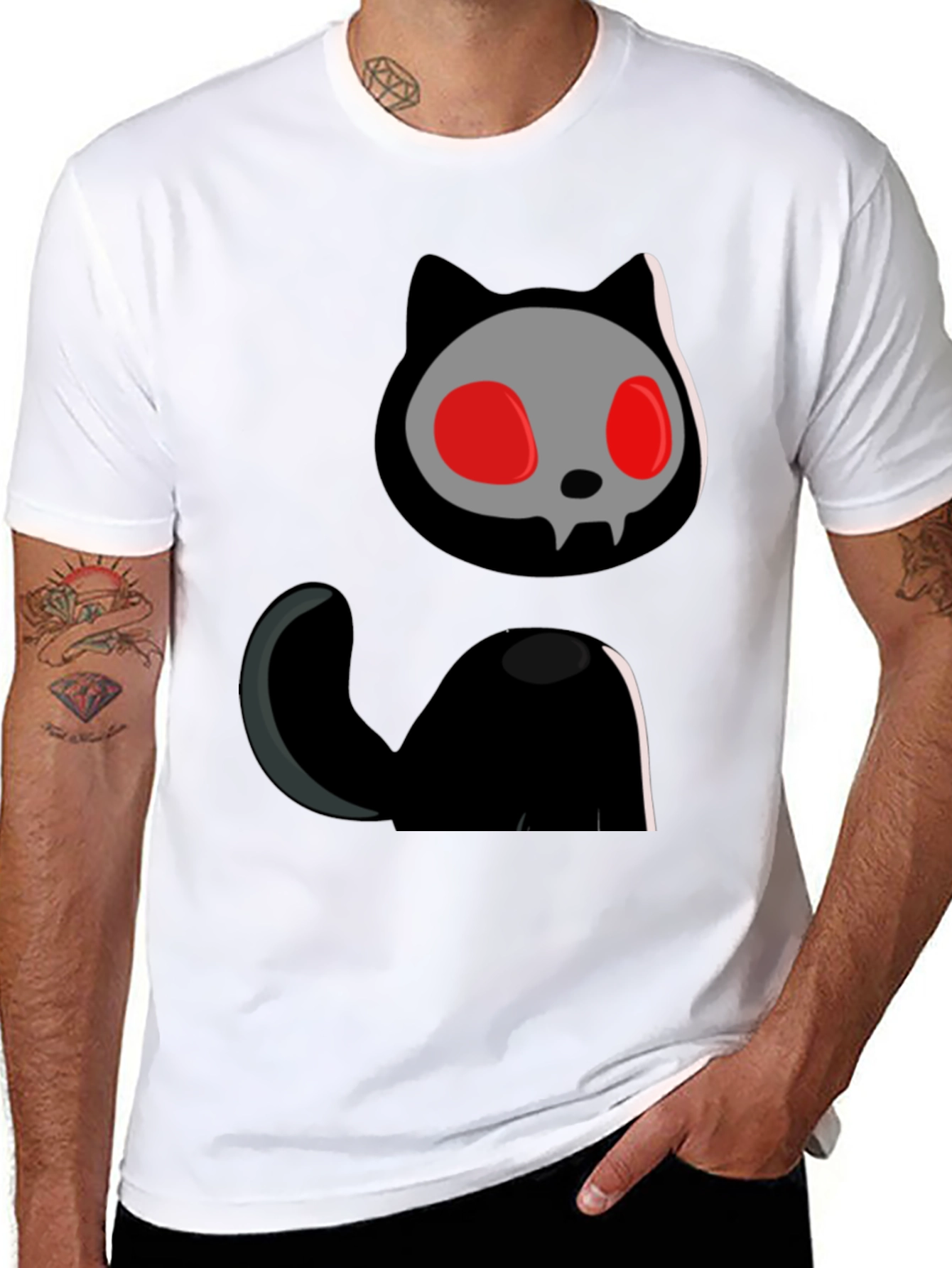 Black Skull Cat Graphic Tee - Black Cotton T-Shirt view 8