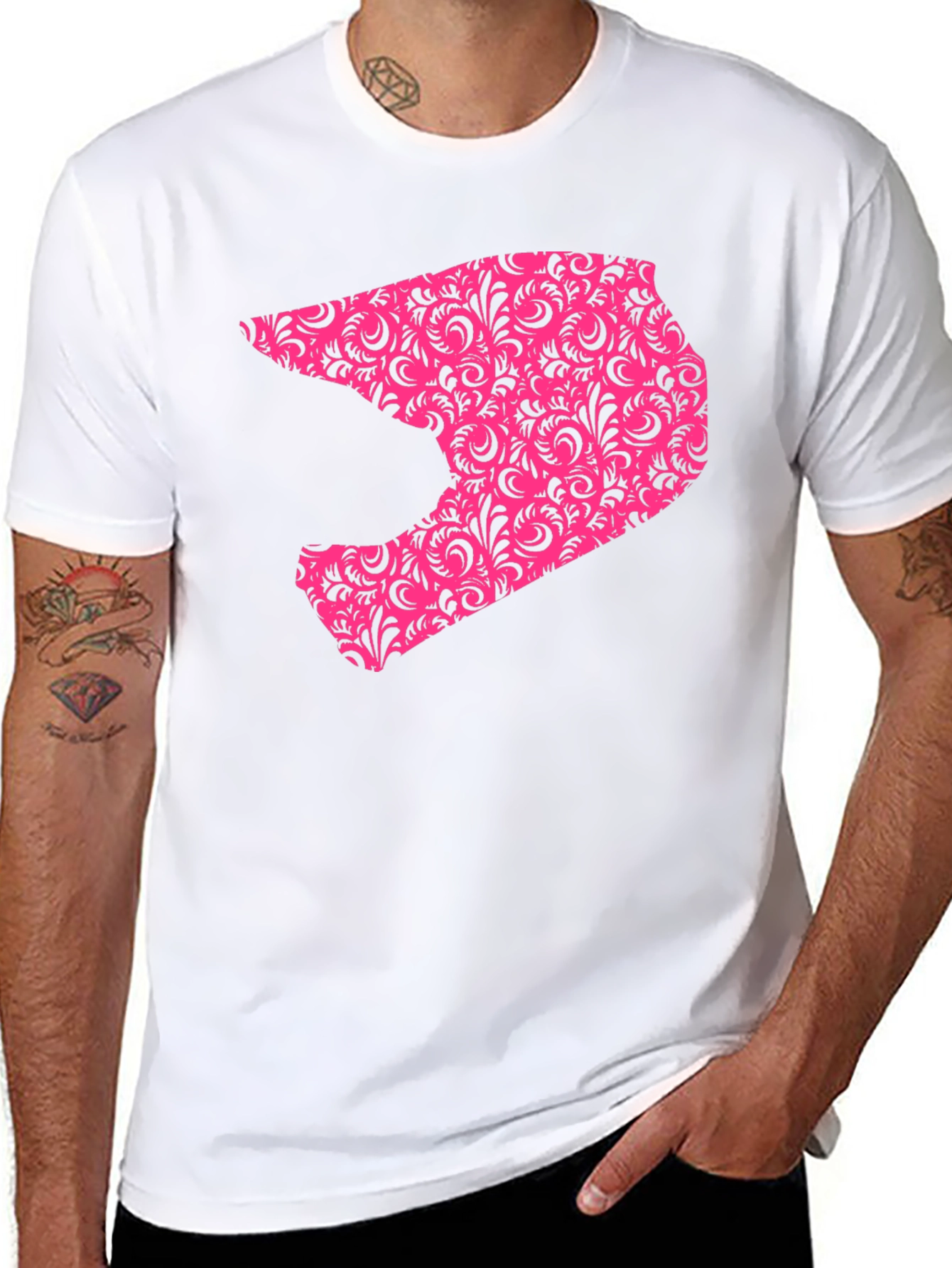Black Men's Black T-shirt with Pink Helmet Design view 8