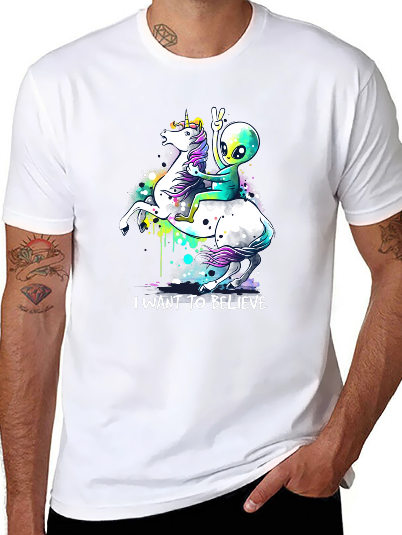 Black Alien Riding Unicorn T-Shirt - I Want To Believe view 8