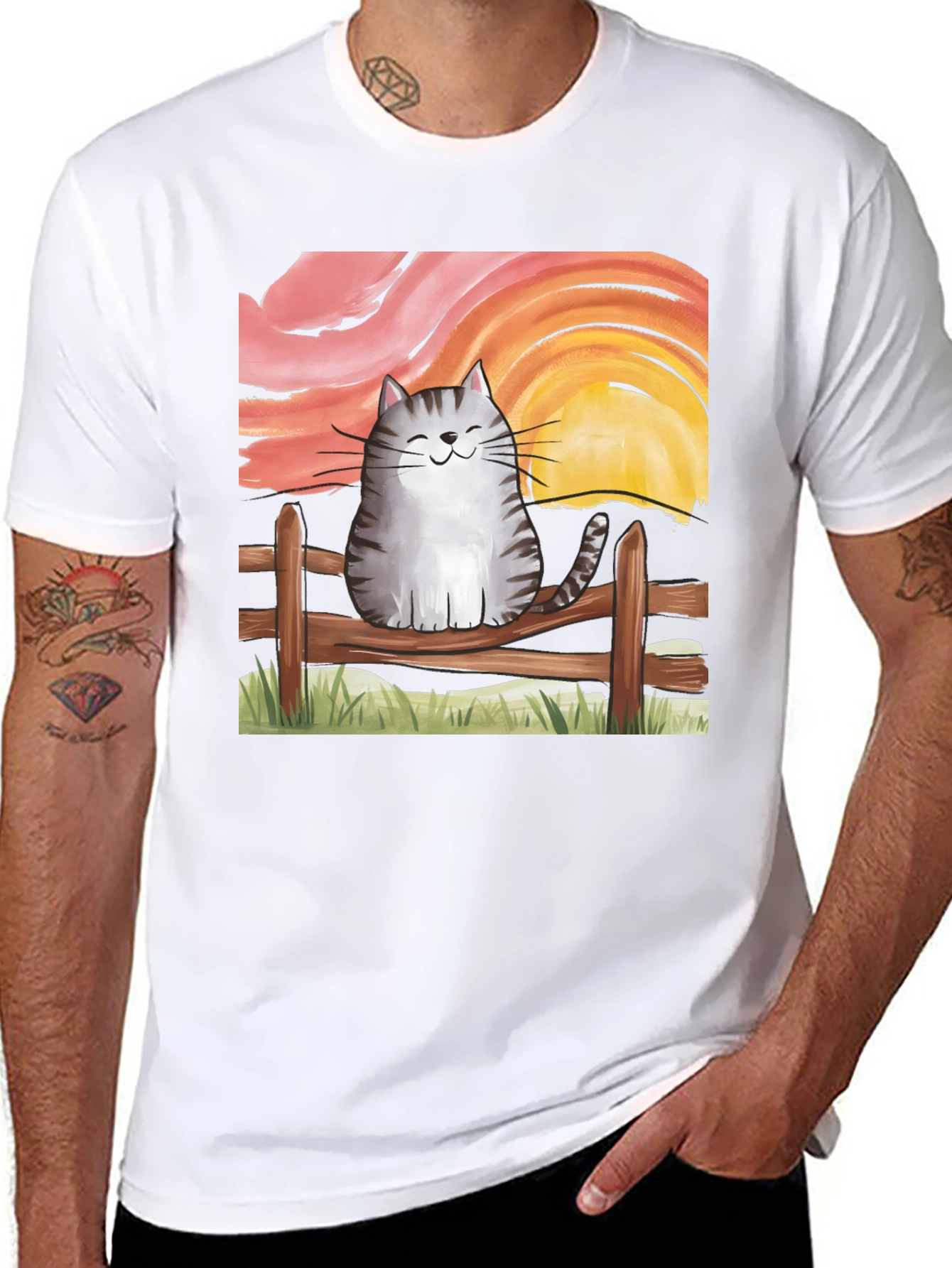 Black Cat on Fence Sunset Graphic Tee view 8