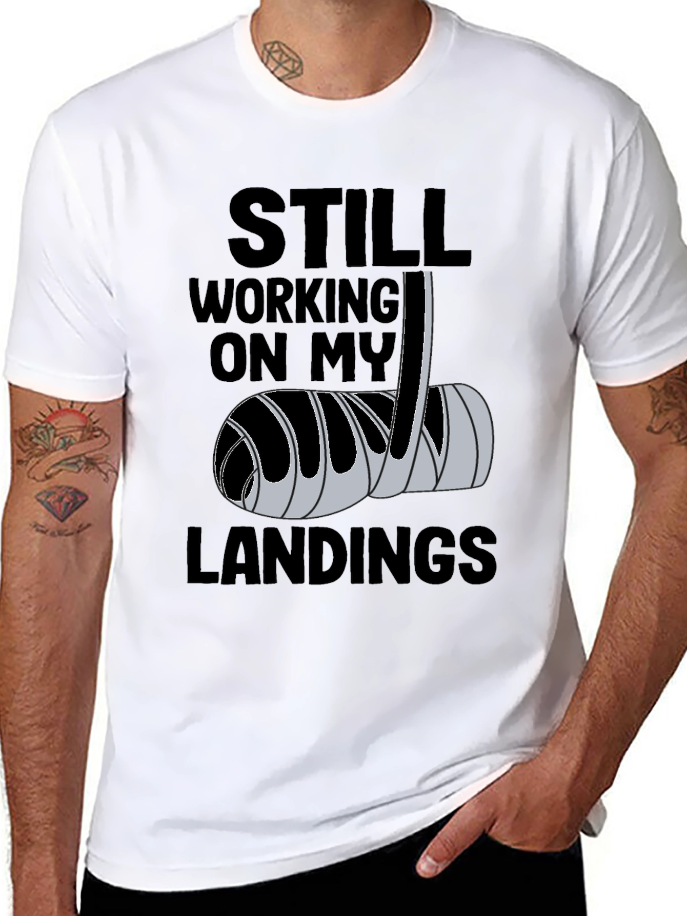 Black Still Working on My Landings - Funny Broken Bone T-Shirt view 8