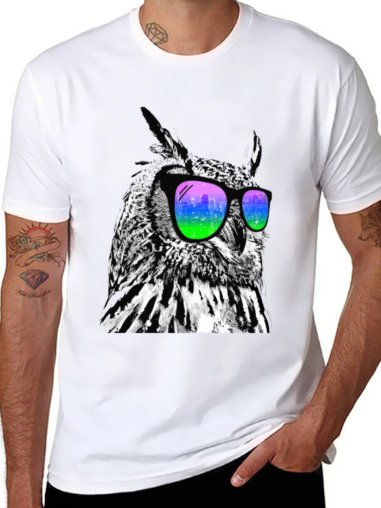 Black Cool Owl Graphic Tee - Stylish Bird Sunglasses T-Shirt view 8