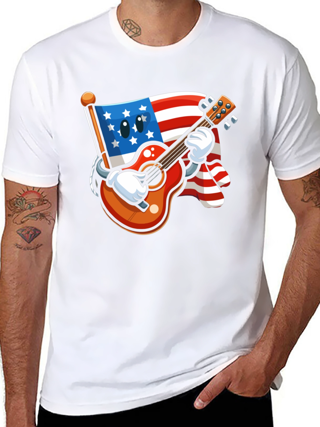 Black USA Flag Guitar T-Shirt - Patriotic Cartoon Design view 8