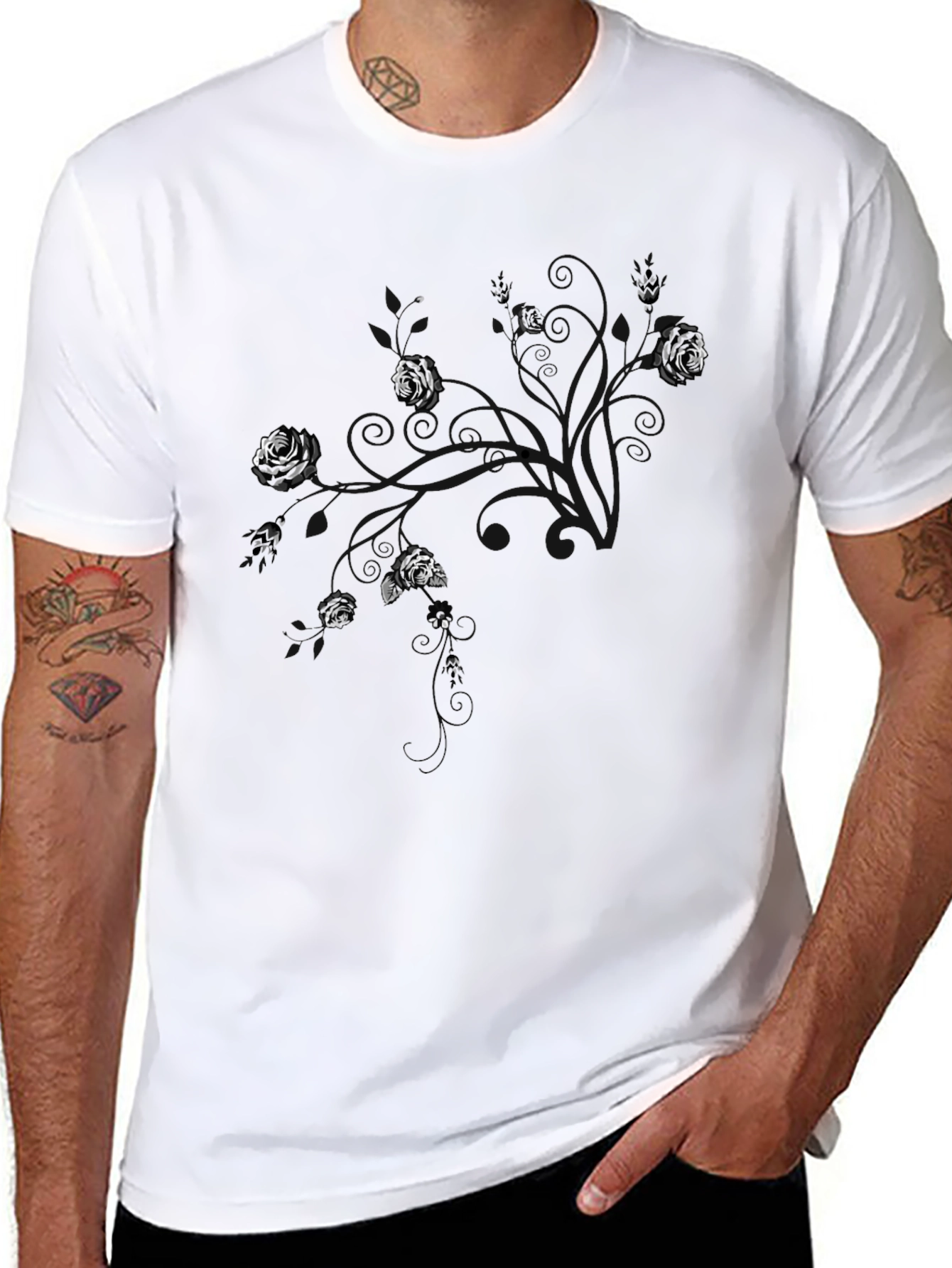 Black Men's Black T-Shirt with Floral Abstract Design view 8