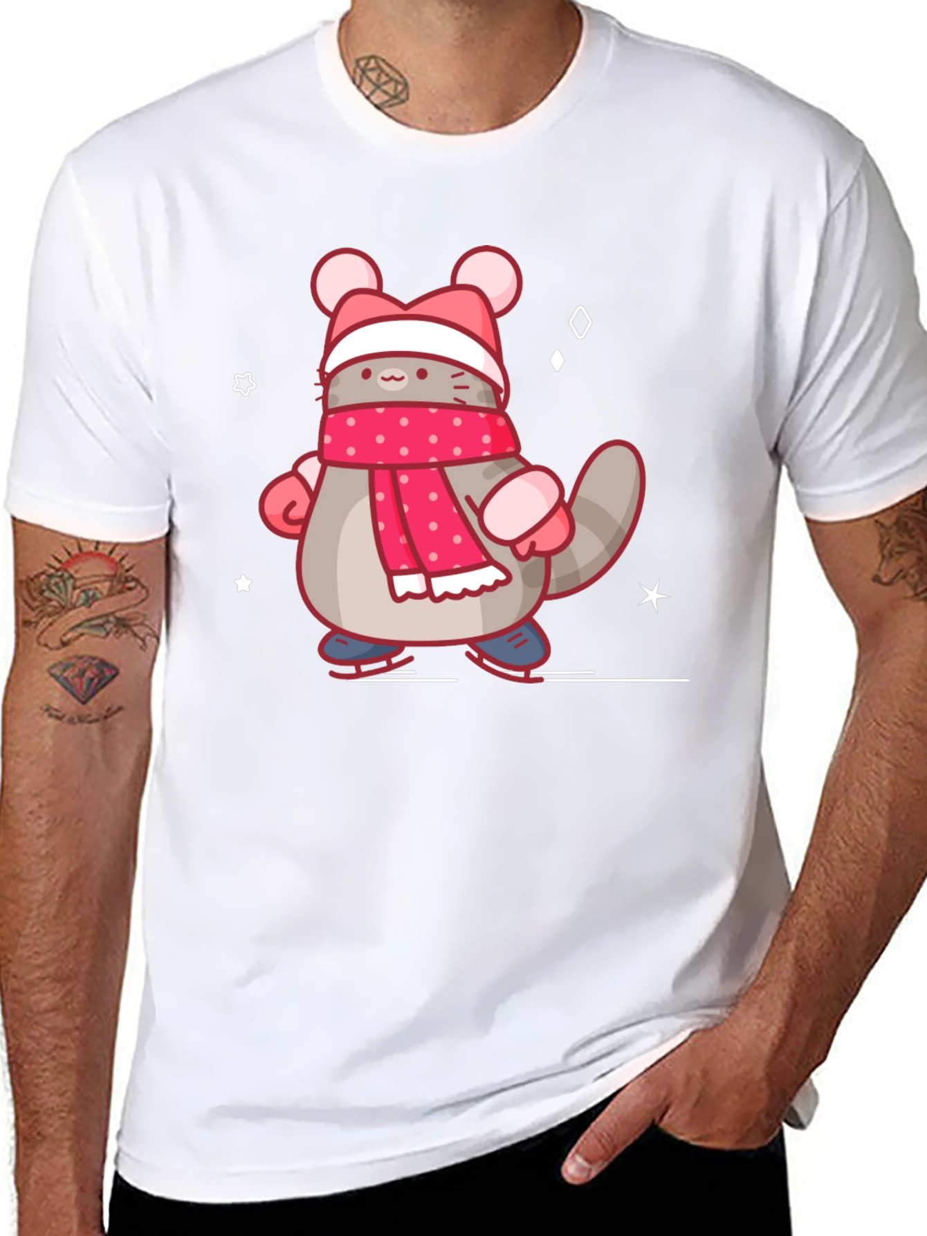 Black Cute Cartoon Cat in Winter Gear T-Shirt view 8