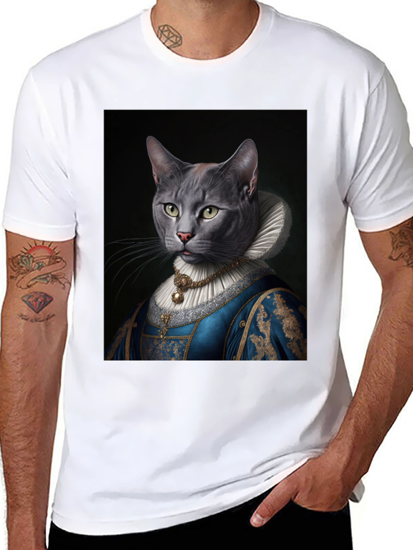 Black Royal Cat Portrait T-Shirt - Quirky Renaissance Style view 8