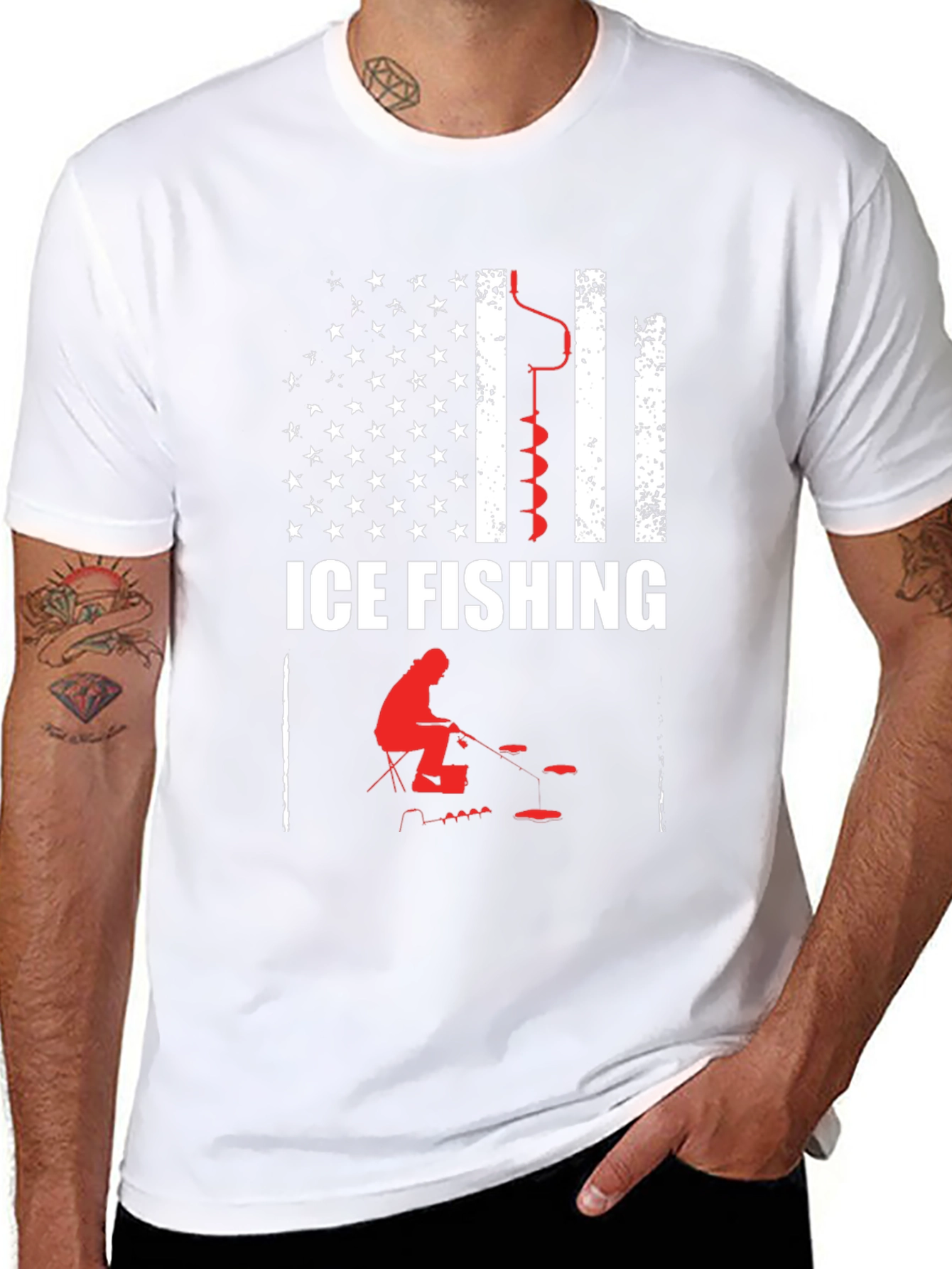 Black Ice Fishing American Flag Graphic T-Shirt view 8