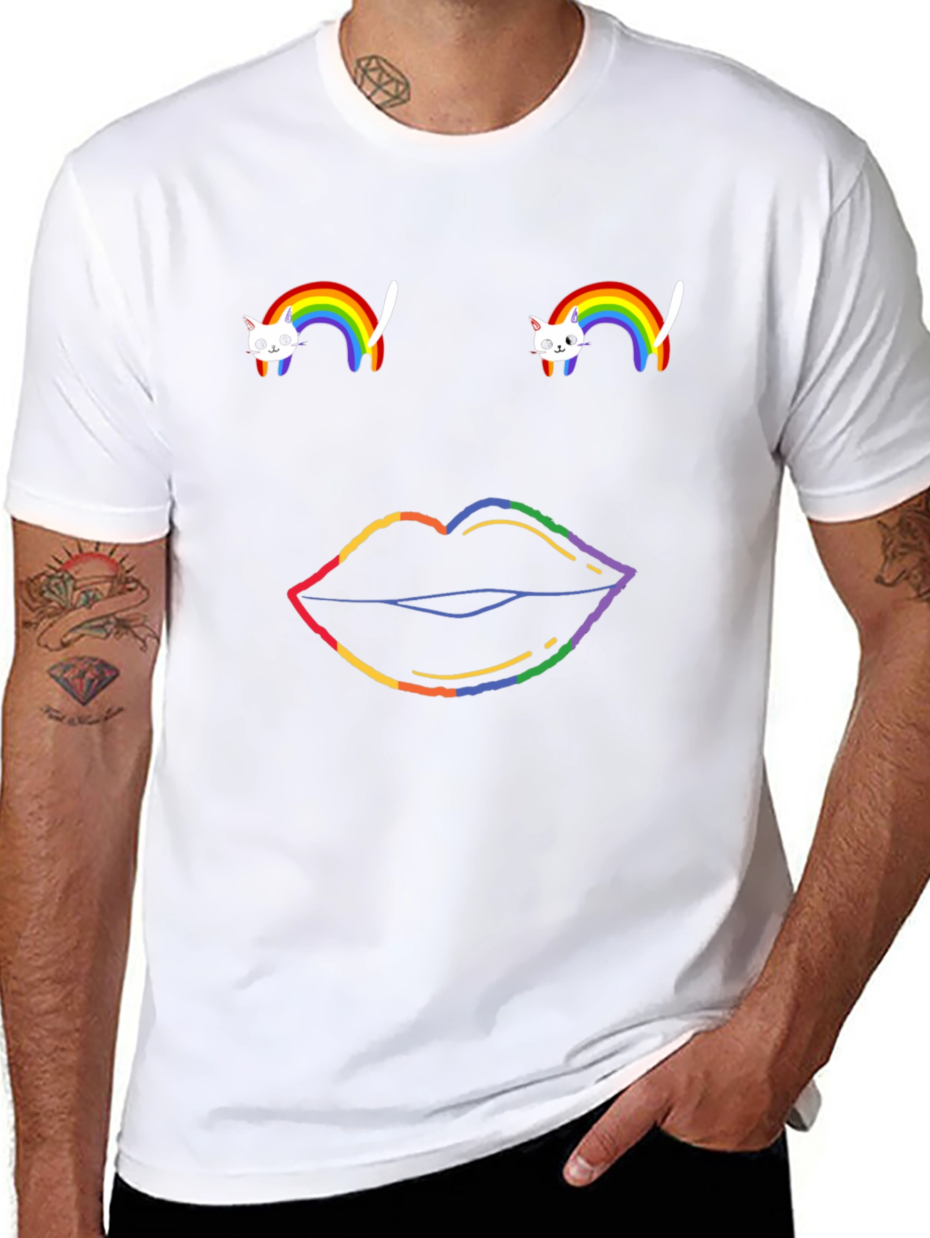 Black Rainbow Cat & Lips Graphic Tee - Black Cotton T-Shirt view 8